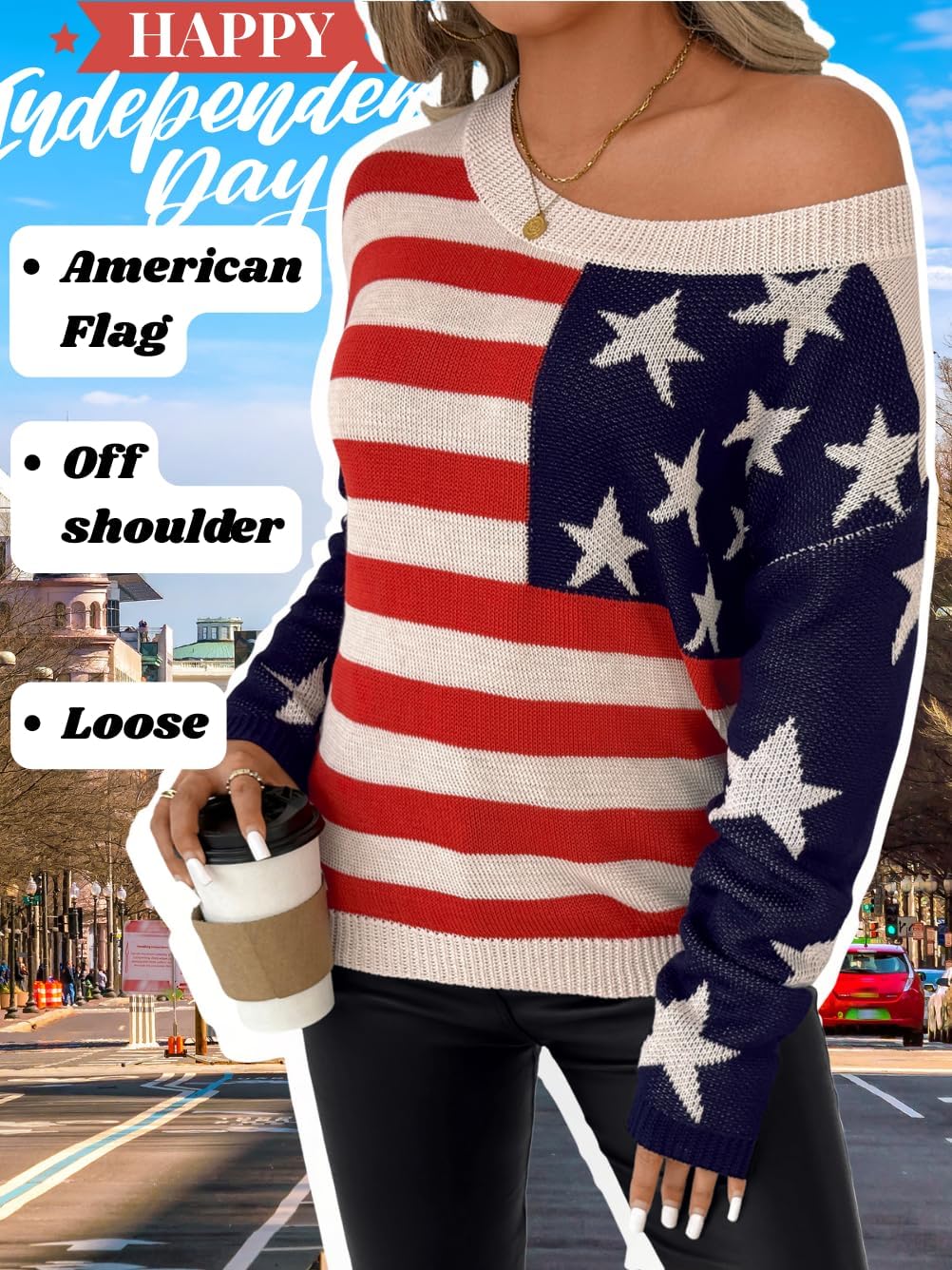 Women American Flag Sweater, Long Sleeve Crew Neck USA Sweatshirt, Lightweight Loose Patriotic Striped Knit Pullover - Image 2