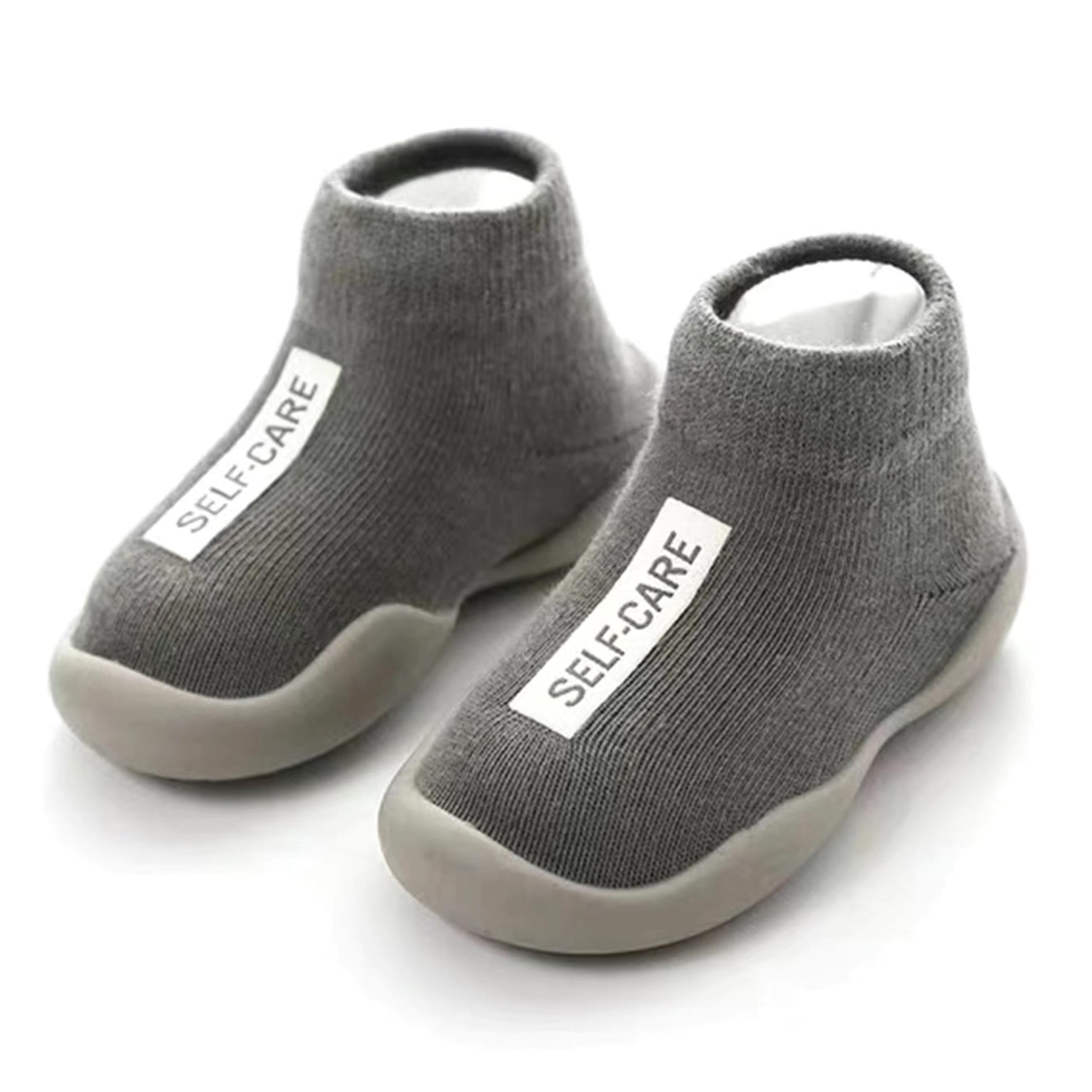 Petit Tummy Simple Baby Toddler Sneakers Non-Slip Walking Shoes for Kids Boys and Girls, Stylish Indoor Outdoor Cotton Easy Pull-On Outerwear Shoes Socks with Logo (Gray, Medium, 4.5)