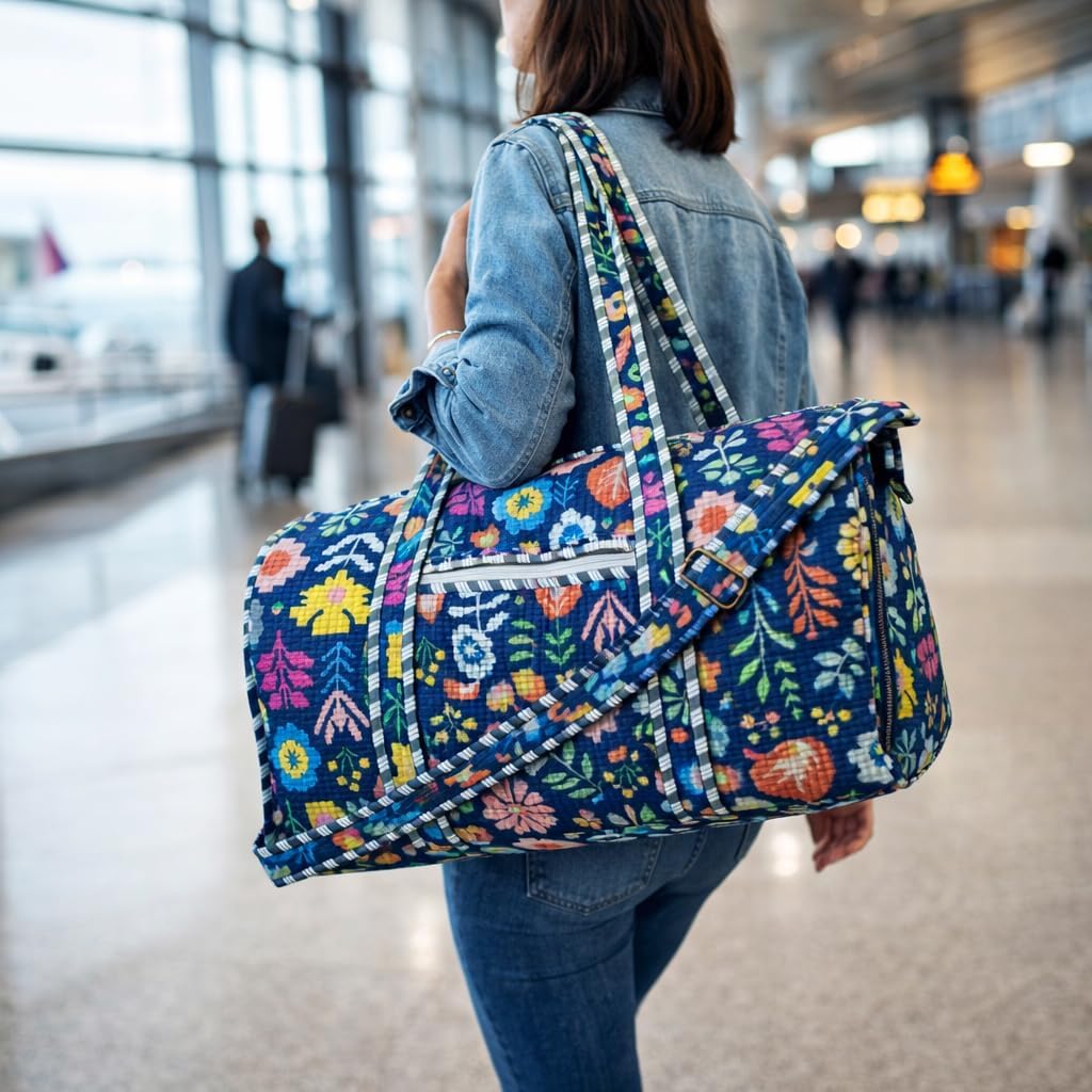Cotton Quilted Travel Duffel Bag for Women – Lightweight Weekender Overnight Bag with Shoulder Strap, Pockets & Soft Quilted Fabric – Carry-On for Travel, Gym, Yoga & Beach (Lime safari Print)