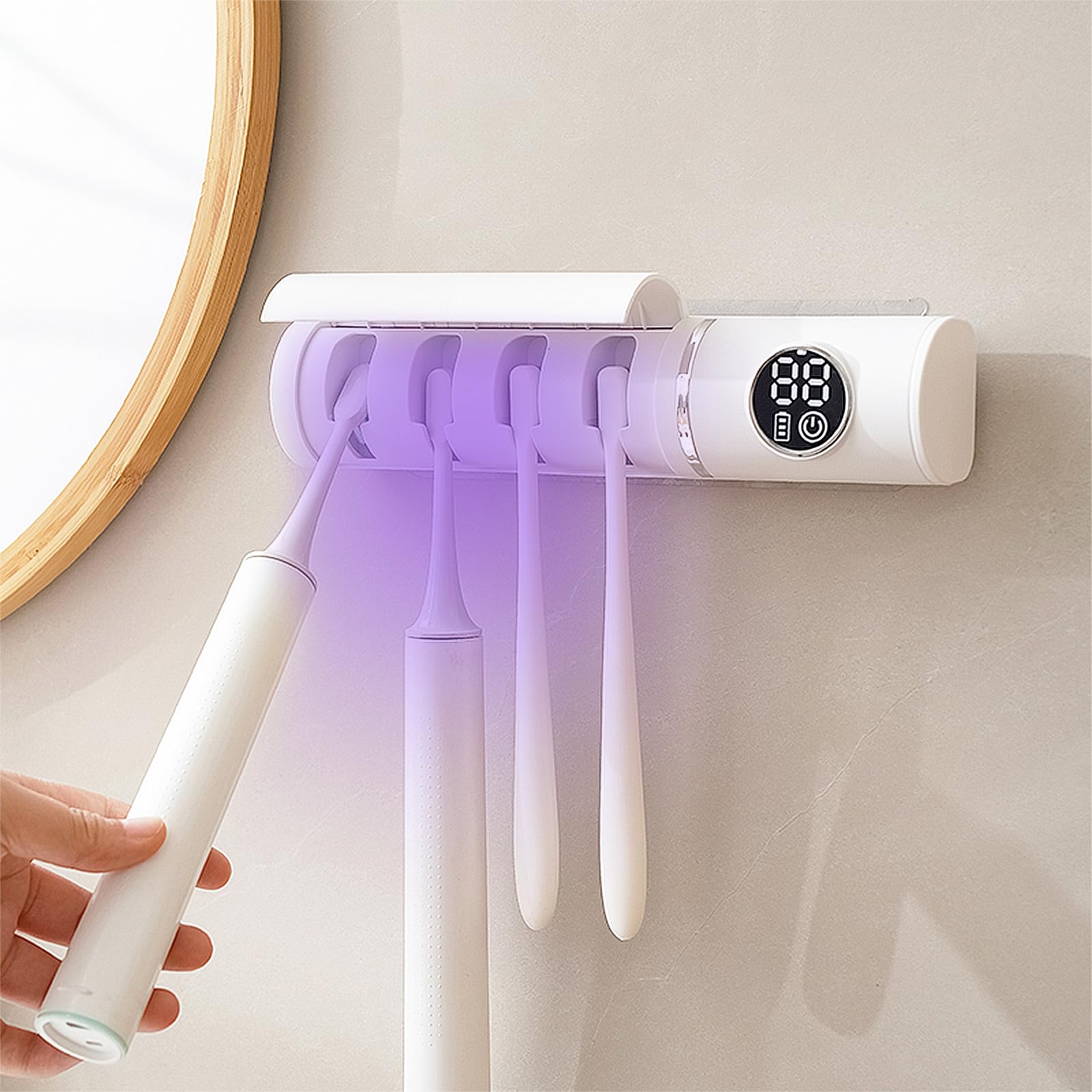 Portaspazzolino da parete, portaspazzolino elettrico intelligente con pulizia e asciugatura, 4 scomparti per spazzolino da denti con copertura antipolvere, organizer per spazzolino da denti per bagno