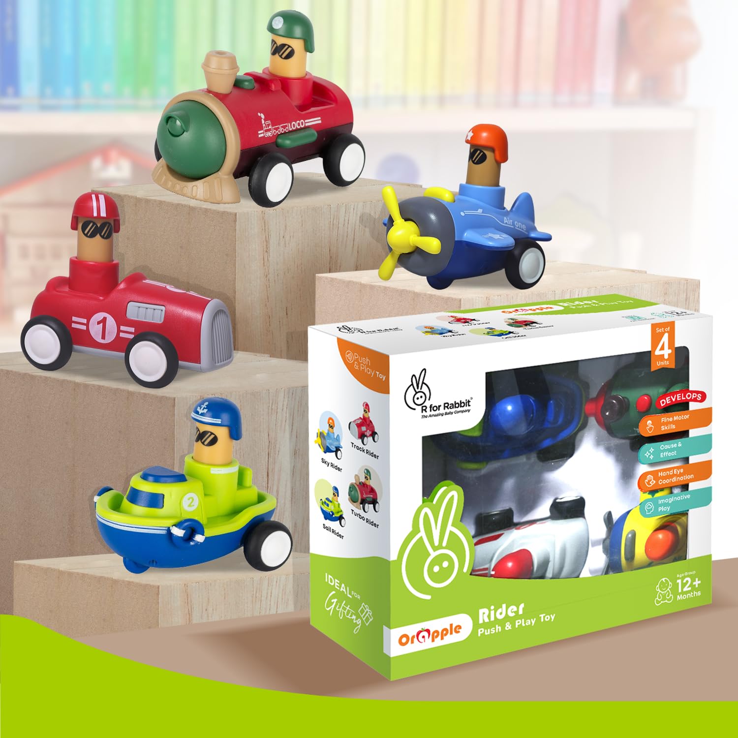R for Rabbit Orapple Rider Push and Play Mini Toy Car Set for Kids | Non-Toxic BPA Free 4 Pcs Combo of Toy Racing Car, Train, Aero Plane & Speed Boat (Multi 1)-image-25