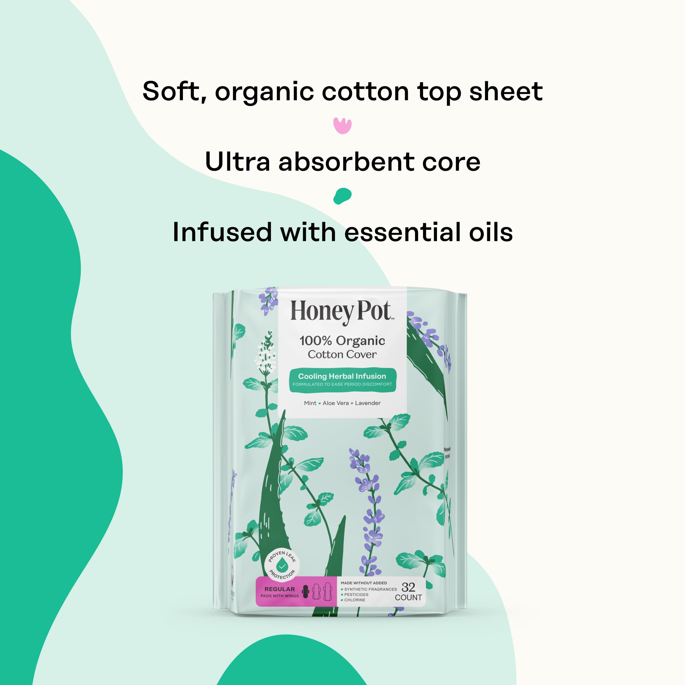 Honey Pot - Herbal Sanitary Pads for Women - Regular Flow w/Wings - Infused w/Essential Oils for Cooling Effect & Organic Cotton Cover – Medium Pack - Feminine Care - 32 ct
