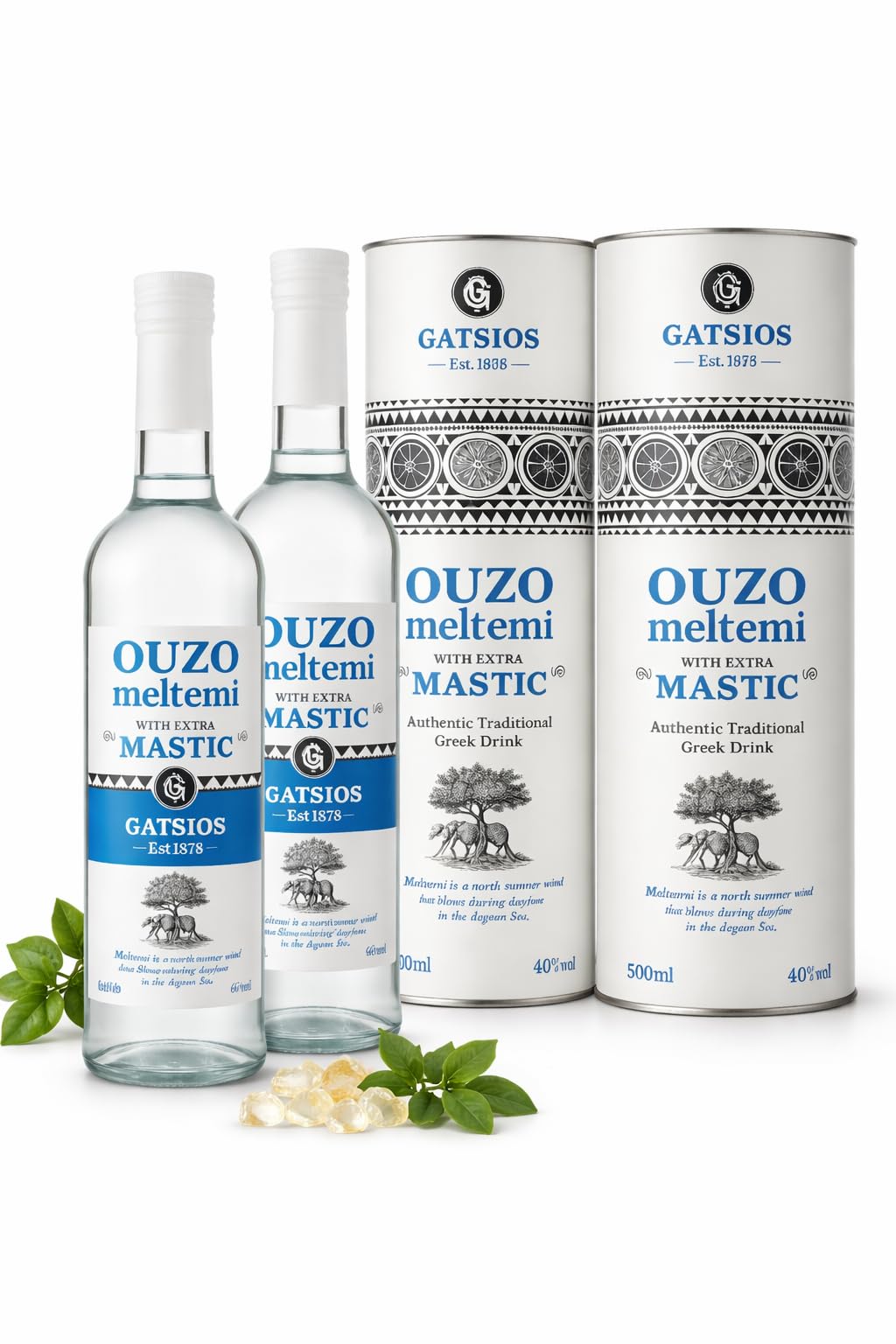 GATSIOS Ouzo Meltemi Mastic 40% Vol. – Griechischer Ouzo mit extra Mastix, 500 ml Flasche in Geschenk-Metalldose (2x500ml)