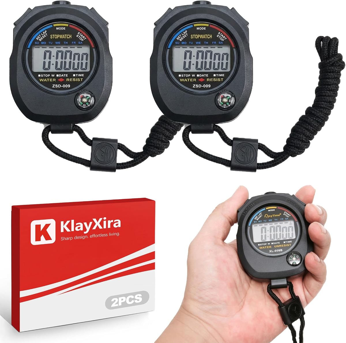 2 Pack Digital Stopwatch Timer Alarm Large Display for Sports | 1/100s precision timing Date & calendar function Lightweight with lanyard Water-resistant build