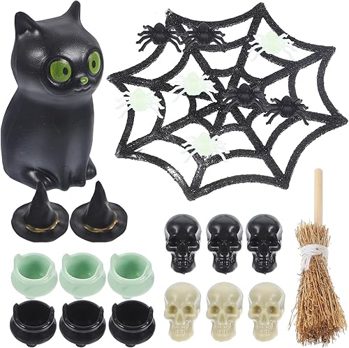 Abaodam 25 piezas de accesorios de casa de muñecas de bruja en miniatura, adornos de bruja de Halloween, accesorios de jardín de hadas de Halloween