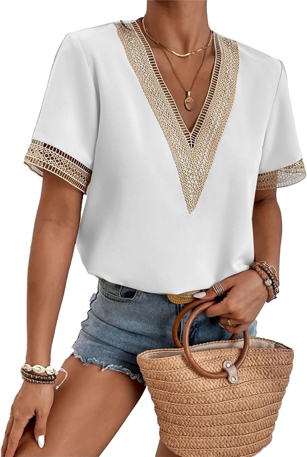 Womens Sexy Lace Trim V Neck Blouses Short Sleeve Pullover Tops Fashion Stretch Sleeveless Tops Dressy Casual Shirts