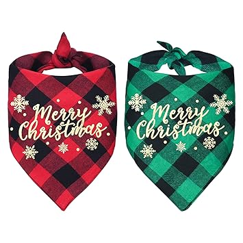 Malier 2 Pack Dog Bandana, Christmas Classic Buffalo Plaid Printing Dog Bandana, Pets Scarf Triangle Bibs Kerchief Dandana Costume Accessories for Small Medium Large Dogs Cats Pets (Red + Green)