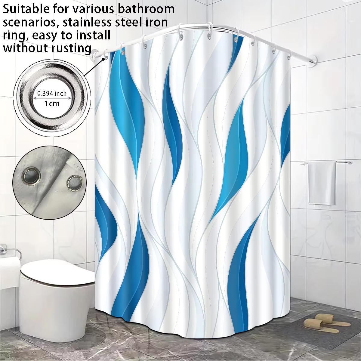 Blauer, abstrakt bedruckter, wasserdichter Duschvorhang mit Haken, einfach zu montieren (250 x 205 cm/maschinenwaschbar)