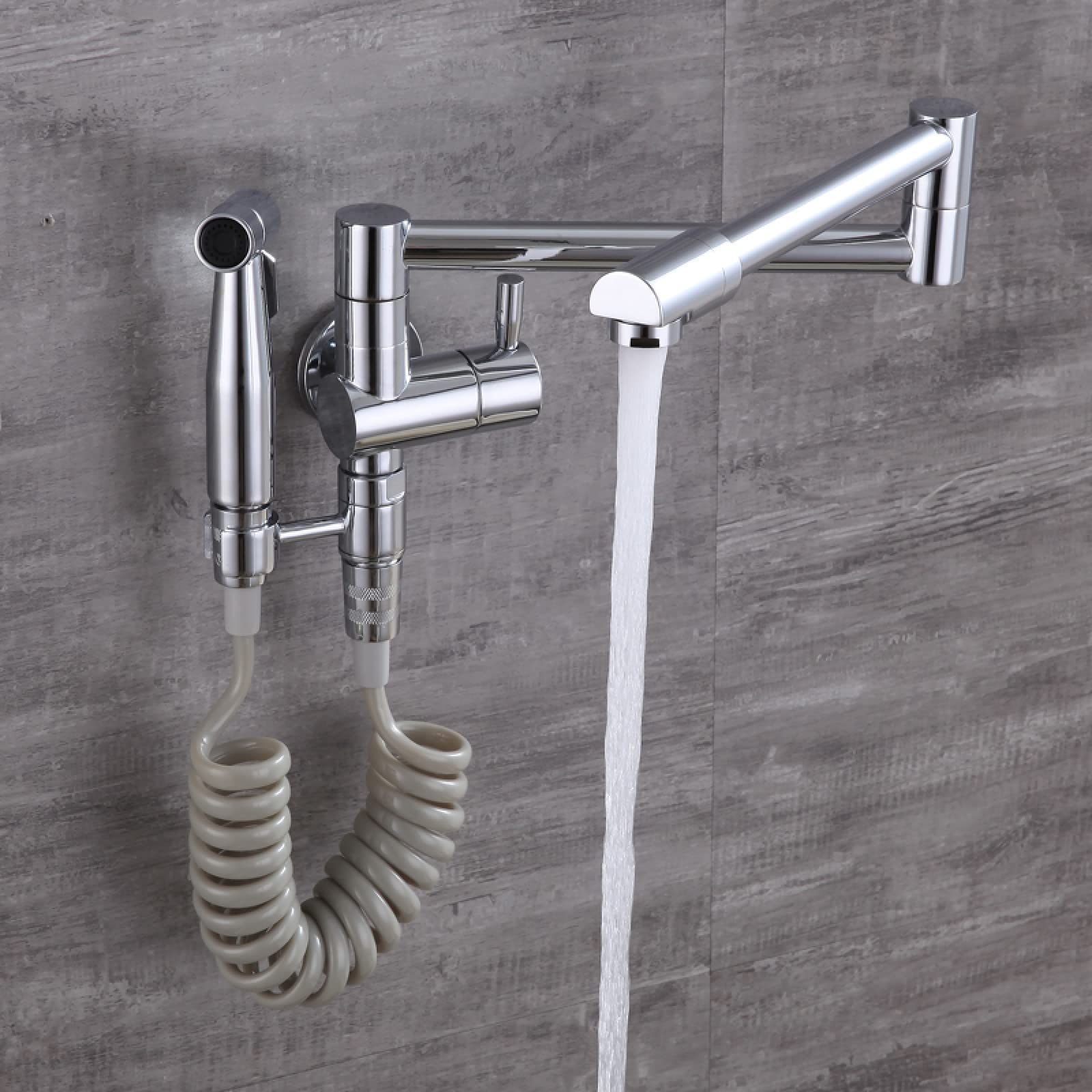 Robinet de cuisine mural avec bec double joint en chrome brillant