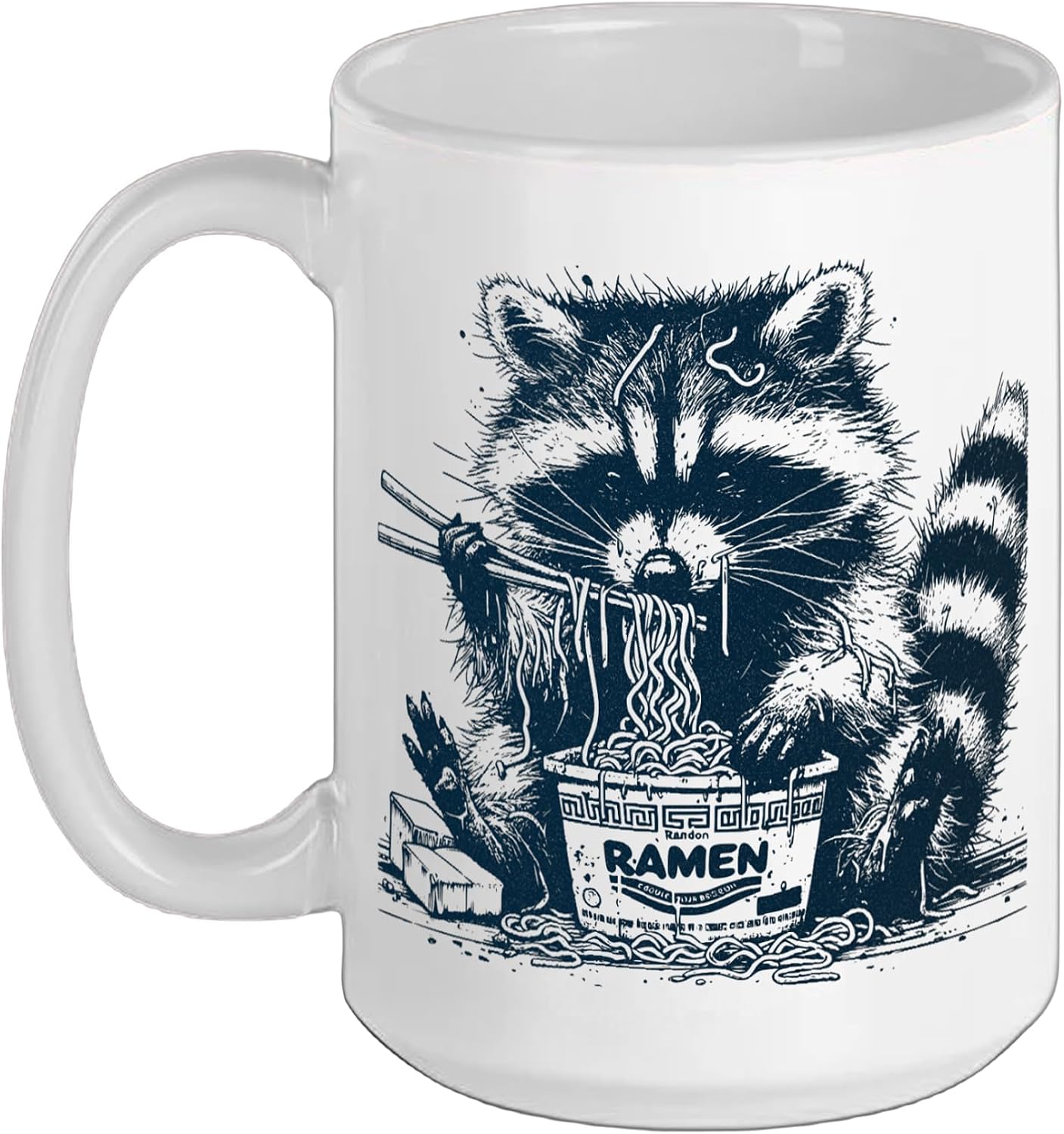 Ramen Raccoon - messy Japanese Ramen Noodles Raccoon Ceramic Mug, White, 15oz