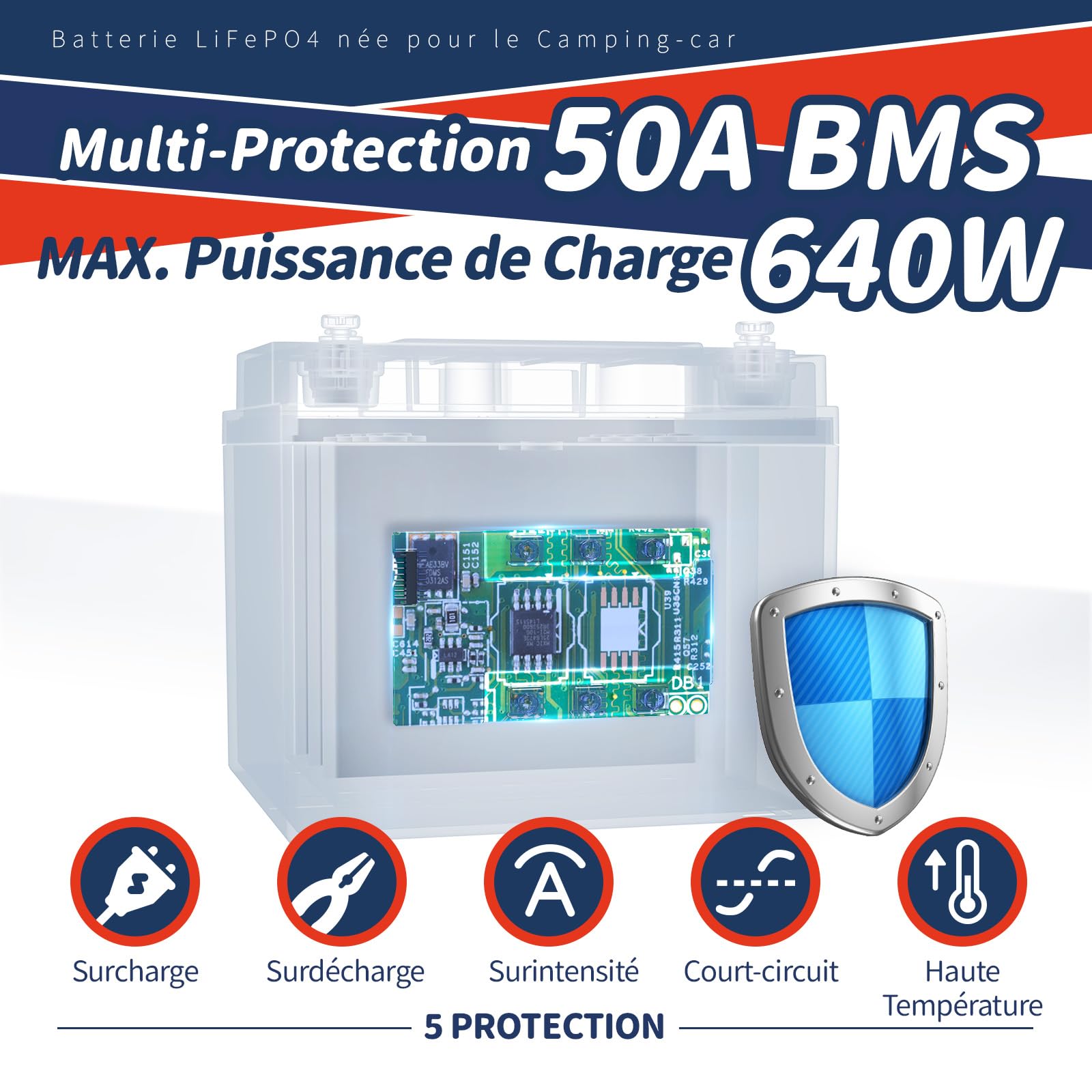 Timeusb Batterie Lithium 12V 50Ah avec 50A BMS pour Camping-Cars Bateaux