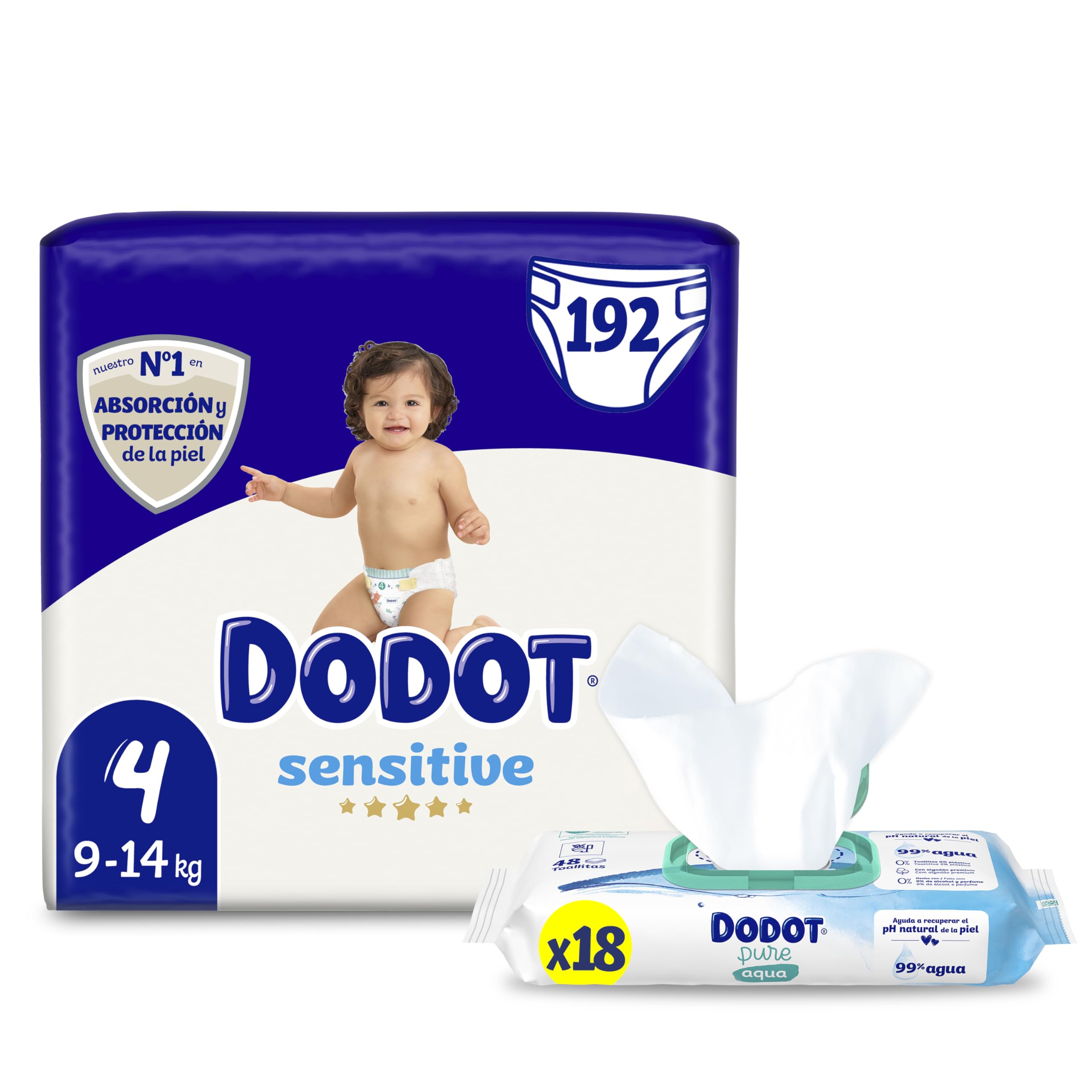 Dodot Pañales Bebé Sensitive Talla 4 (9-14 kg), 192 Pañales + Toallitas Aqua Pure Plastic Free, 18 Paquetes, Máxima Protección de la Piel de Dodot