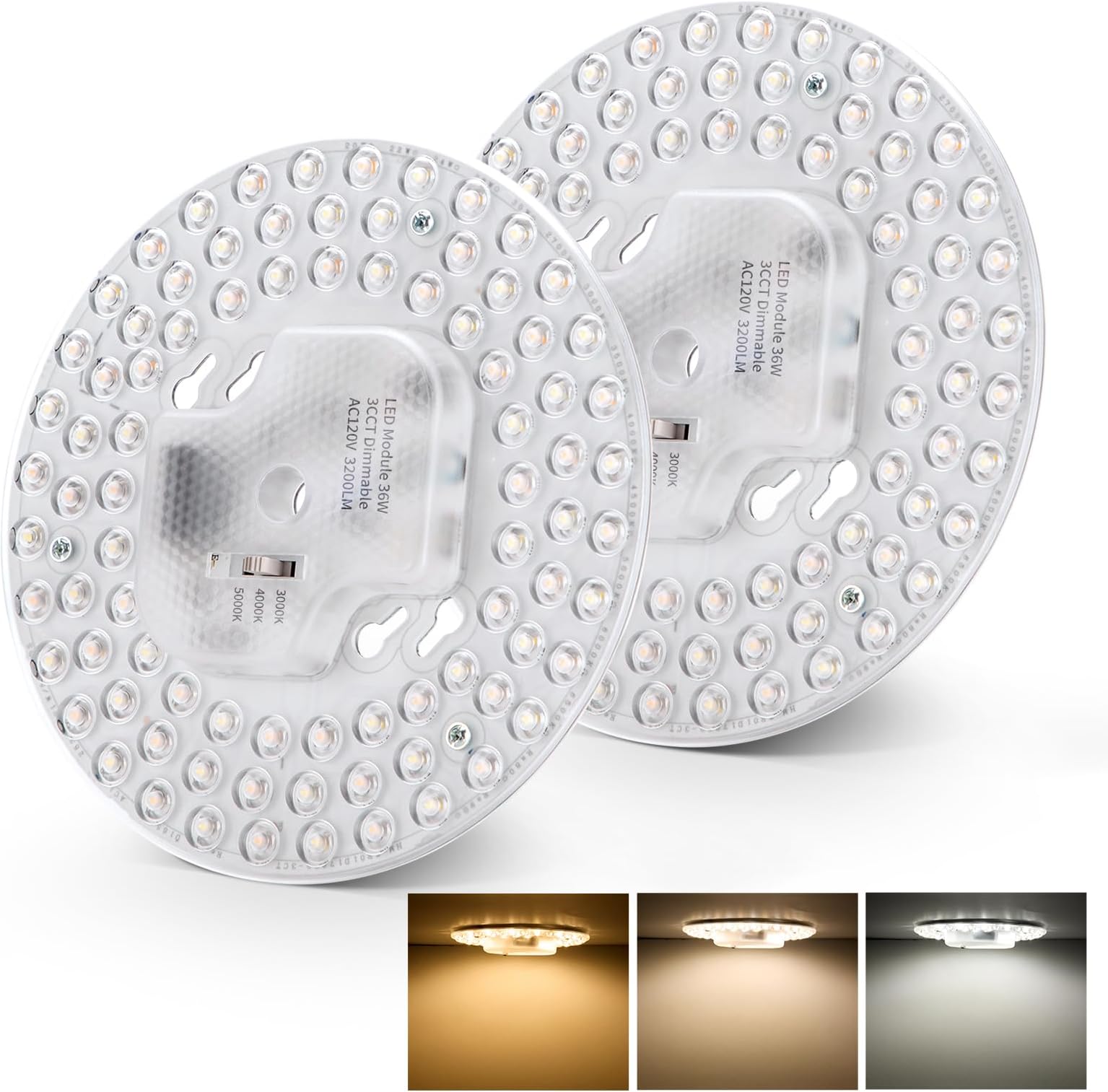 2 Pack Ceiling Fan Lamp Replacement, 6.69 inch Dimmable 3CCT 3000K/4000K/5000K 36W 3200LM, Ceiling Fan LED Light Kit Replacement, LED Light Engine Retrofit Kit