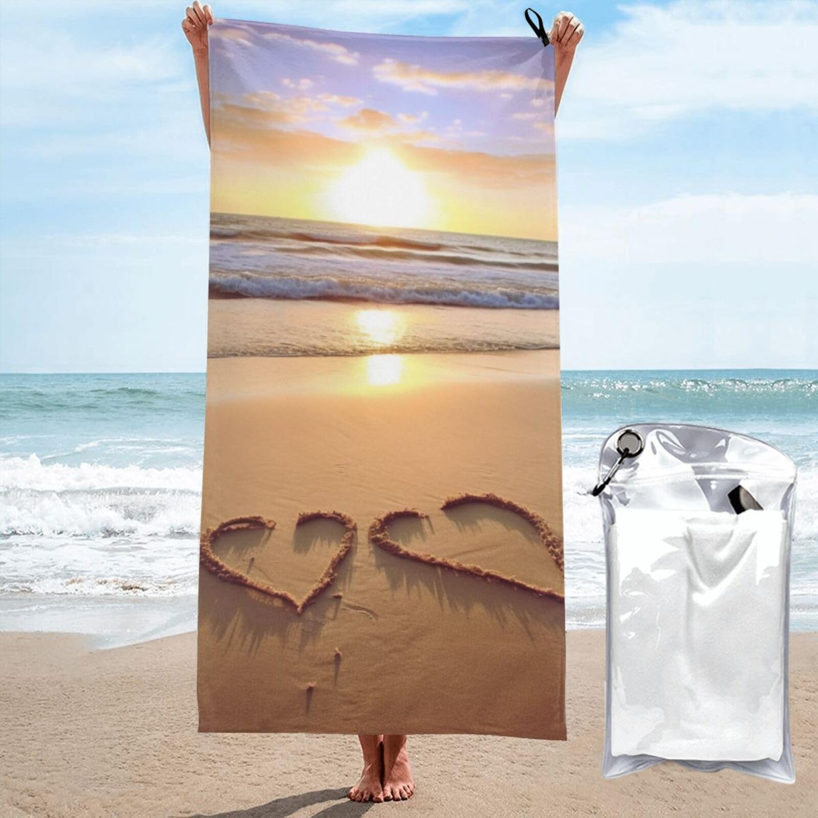 BWWHCCTI Beach Love Printed Microfiber Quick Dry Beach Towel 80x160 CM, Fast Drying Bath Towels with Bags for Travel,Camping,Gym,Beach,Swimming,Yoga