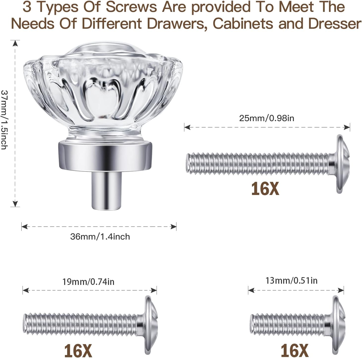 Polished Chrome konbs, Glass Cabinet Knobs, Vintage Crystal Knobs and Pulls for Dresser Drawer,Kitchen (Round, Polished Chrome, 16 Pack)