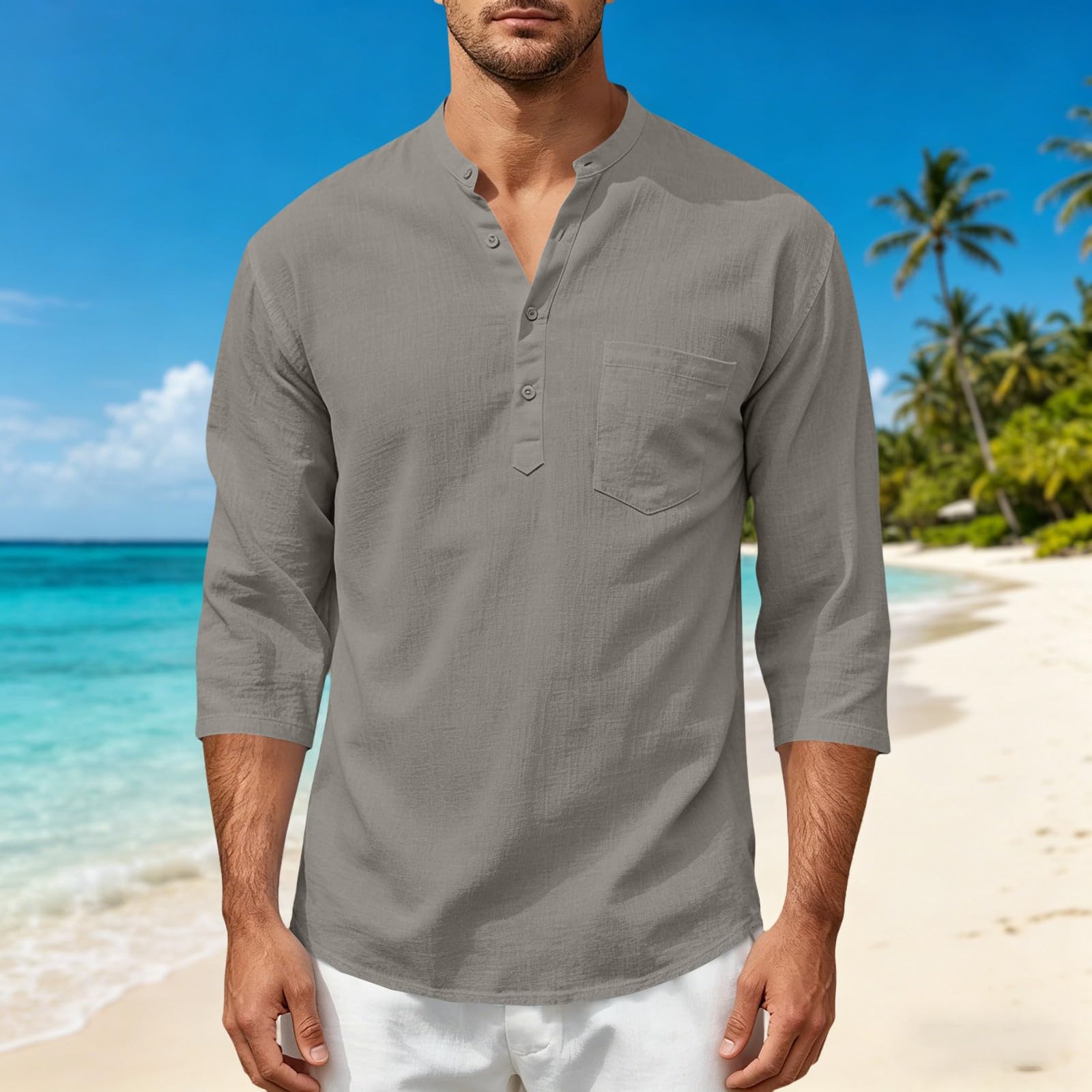 Camicia da uomo in cotone e lino, maniche a 3/4, colletto rialzato, casual, con bottoni, con tasca, traspirante, estiva, da spiaggia, camicie da uomo alte