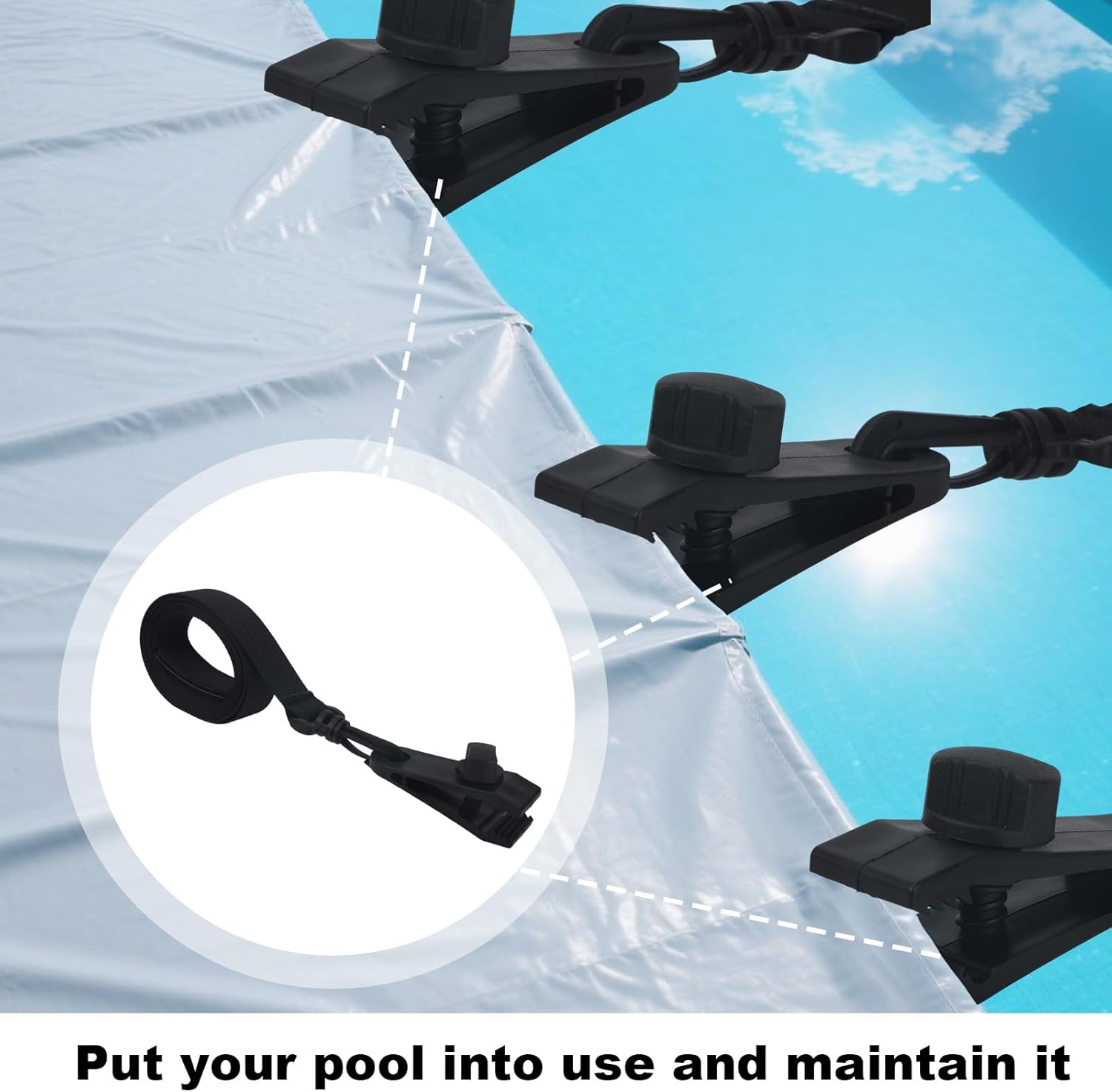 24pcs Pool Solar Cover Reel Attachment Kit, Inground Above Ground Swimming Pool Solar Blanket Holder Straps Includes 8 Hooked Straps Clamps Clips & 8 Touch Fasteners