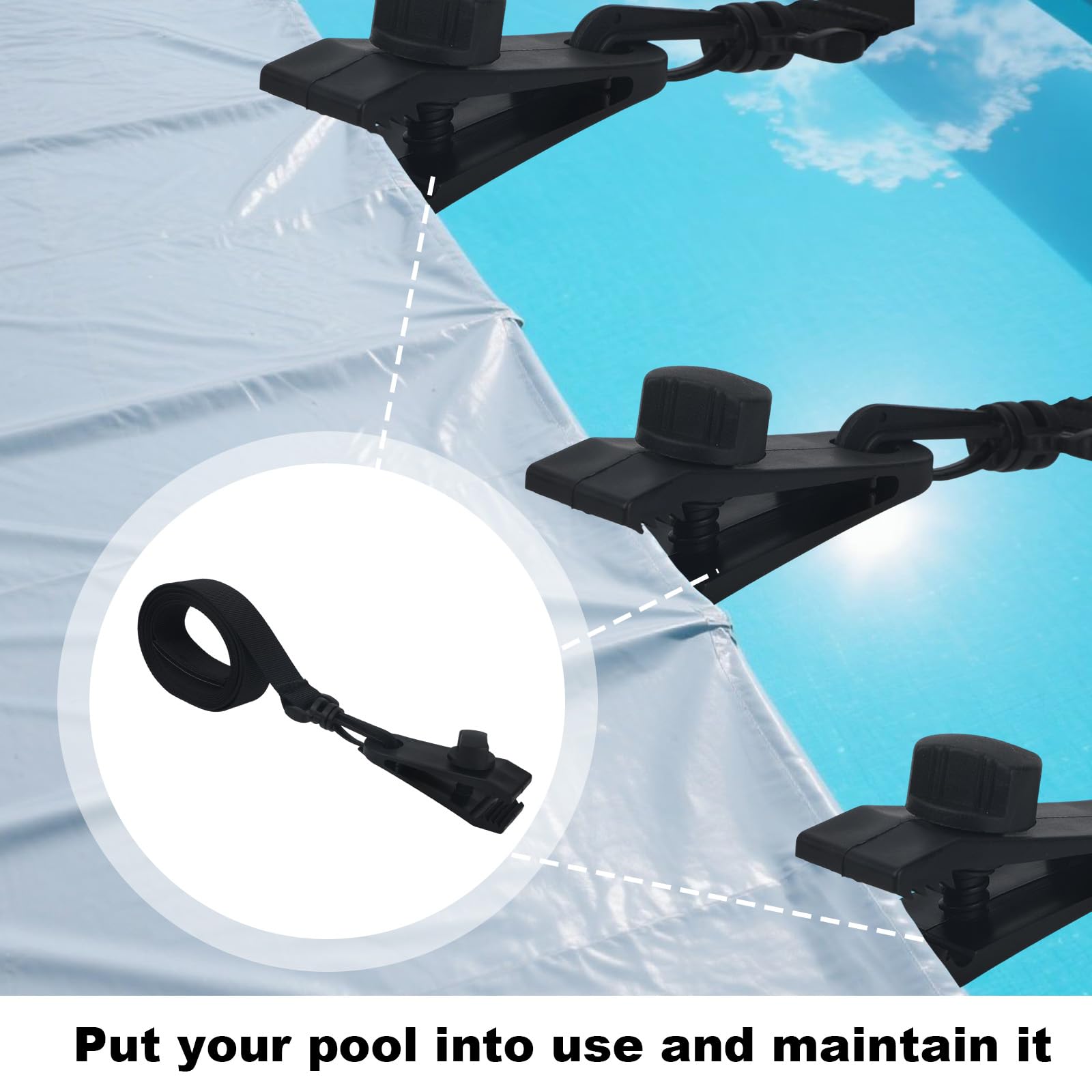 Tinoaly 24 Piezas Kit para Enrollar Cubiertas Solares Piscina, Correas para Manta Solar de Piscina Enterrada 8 Correas con Gancho Clips y 8 Cierres de Contacto