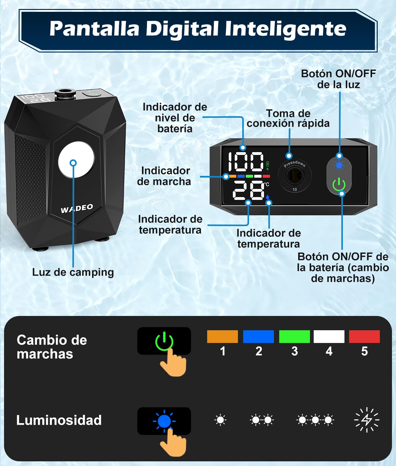 WADEO Ducha de Camping con batería, Bomba e iluminación, 120 Minutos de autonomía, Set de Ducha móvil con Manguera de 2 m y Cubo de Ducha para el jardín, Lavado de Coches, Mascotas, Playa y Viajes