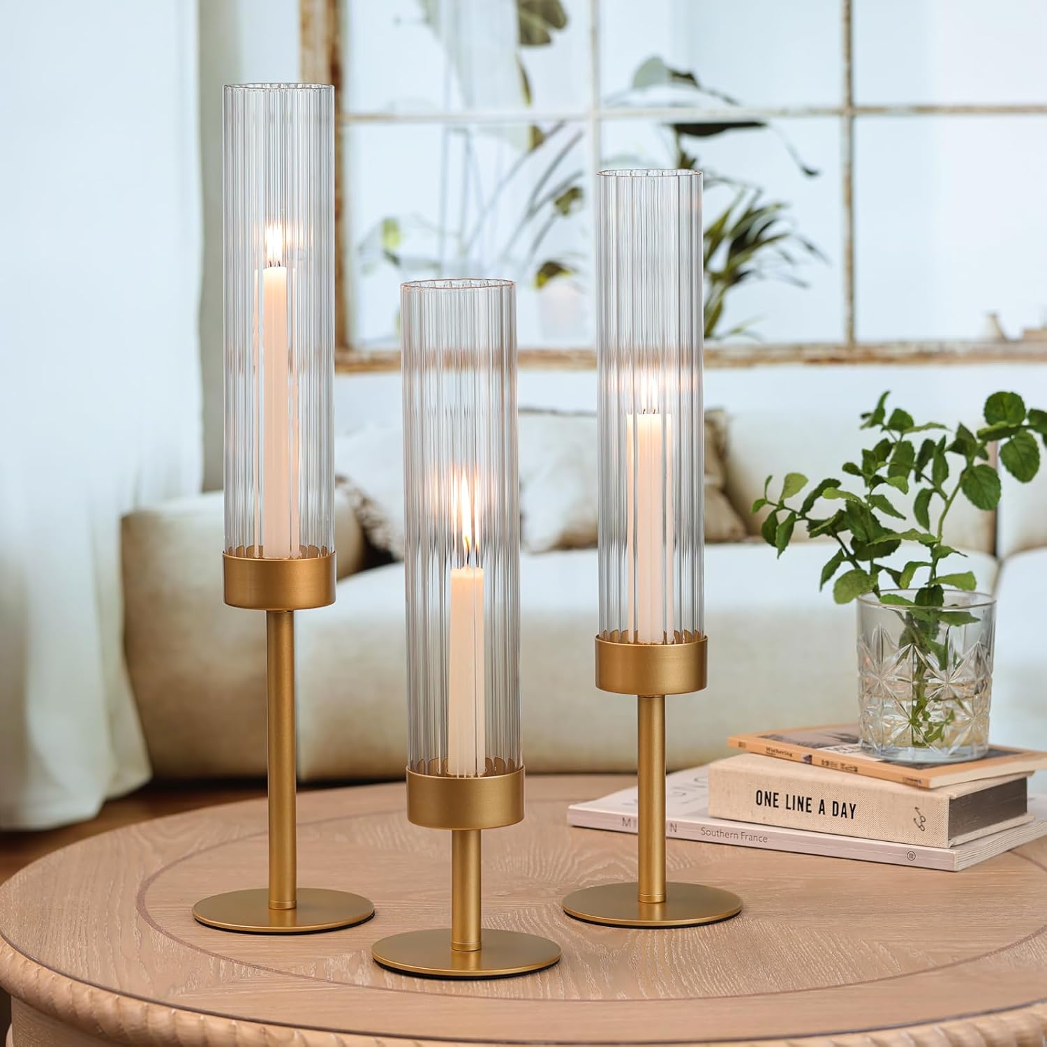 Volens Hurricane Glass Candle Holders Set of 6 Gold Taper Candle Holders with Ribbed Windproof Cylinder for 10'' Taper Candles, Wedding Table Centerpiece Home Decorations