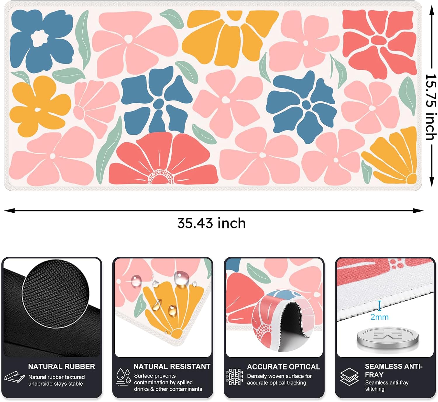 iCasso Desk Mat, Desk Matt for Desktop, Cute Desk Pad Mat, Colorful Flower image 2
