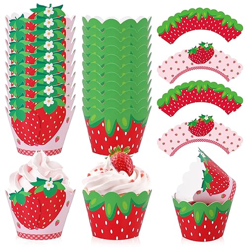 Whaline 36Pcs Strawberry Cupcake Wrappers Paper Cupcake Liners Red Pink