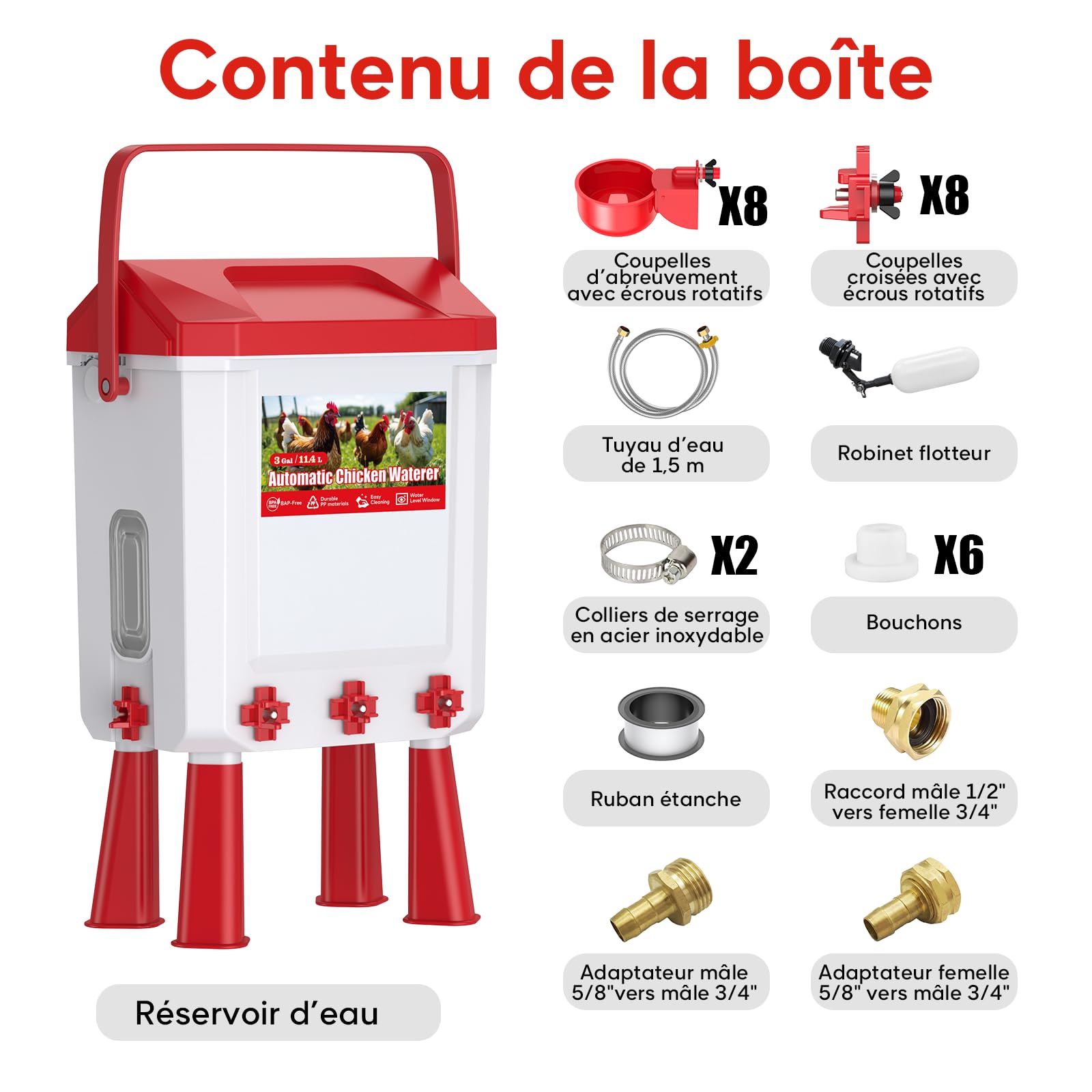 Bebedero Gallinas Automático 10 litros con Pies, 8 Cuencos, Flotador Filtrado Controlado