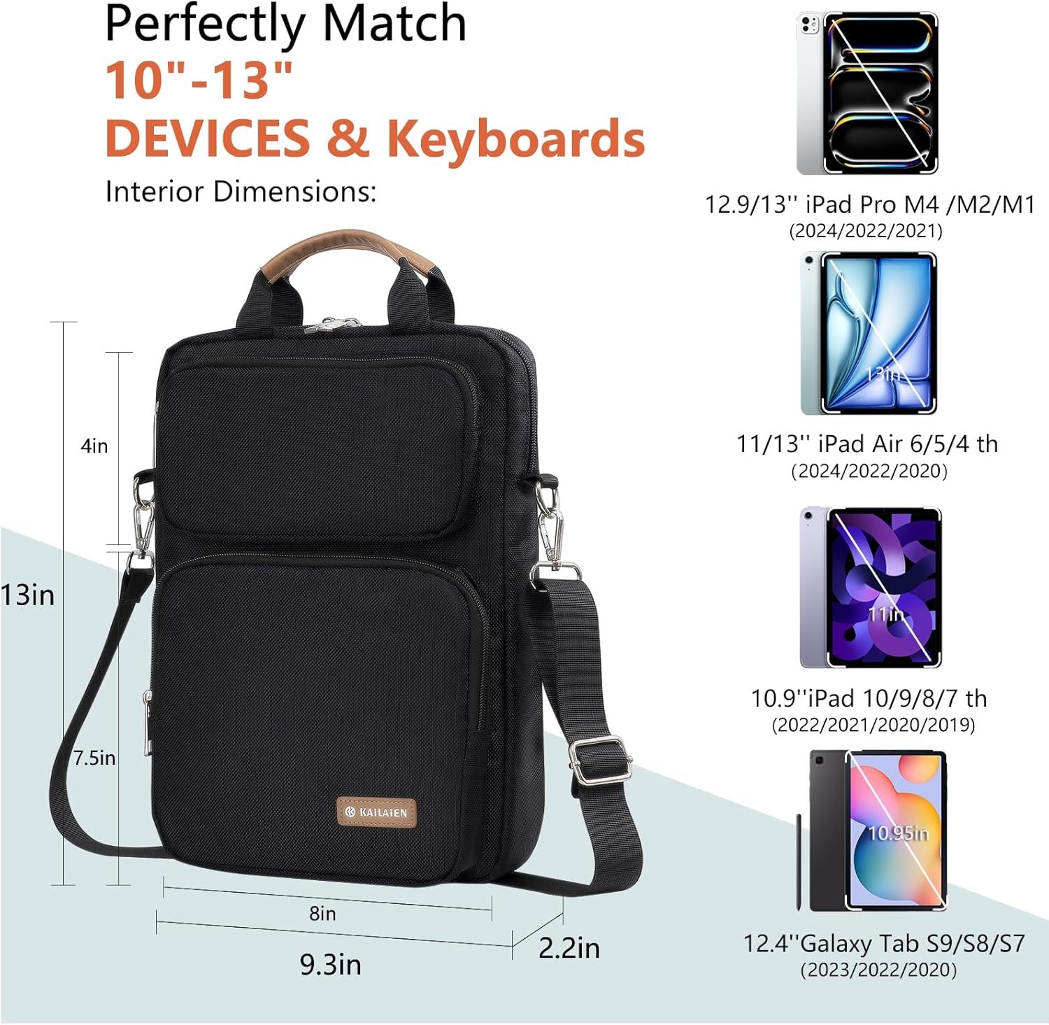 10-13 Inch Tablet Sleeve Bag, Ipad Bag for 13 In/11 in New iPad Pro M4 & 13 in Air M2 2024,iPad Pro 12.9 M2&M1,Ipad 10.9,Galaxy Tab S8+/S9+ 12.4,with Removable Shoulder Strap(Black) - Image 2
