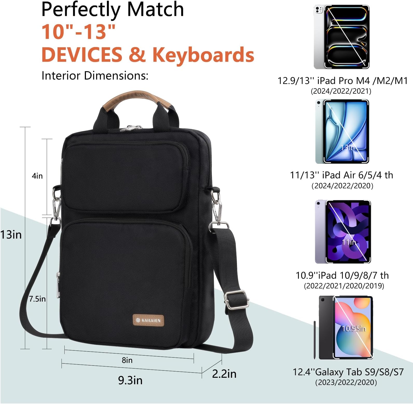 10-13 Inch Tablet Sleeve Bag, Ipad Bag for 13 In/11 in New iPad Pro M4 & 13 in Air M2 2024,iPad Pro 12.9 M2&M1,Ipad 10.9,Galaxy Tab S8+/S9+ 12.4,with Removable Shoulder Strap(Black)