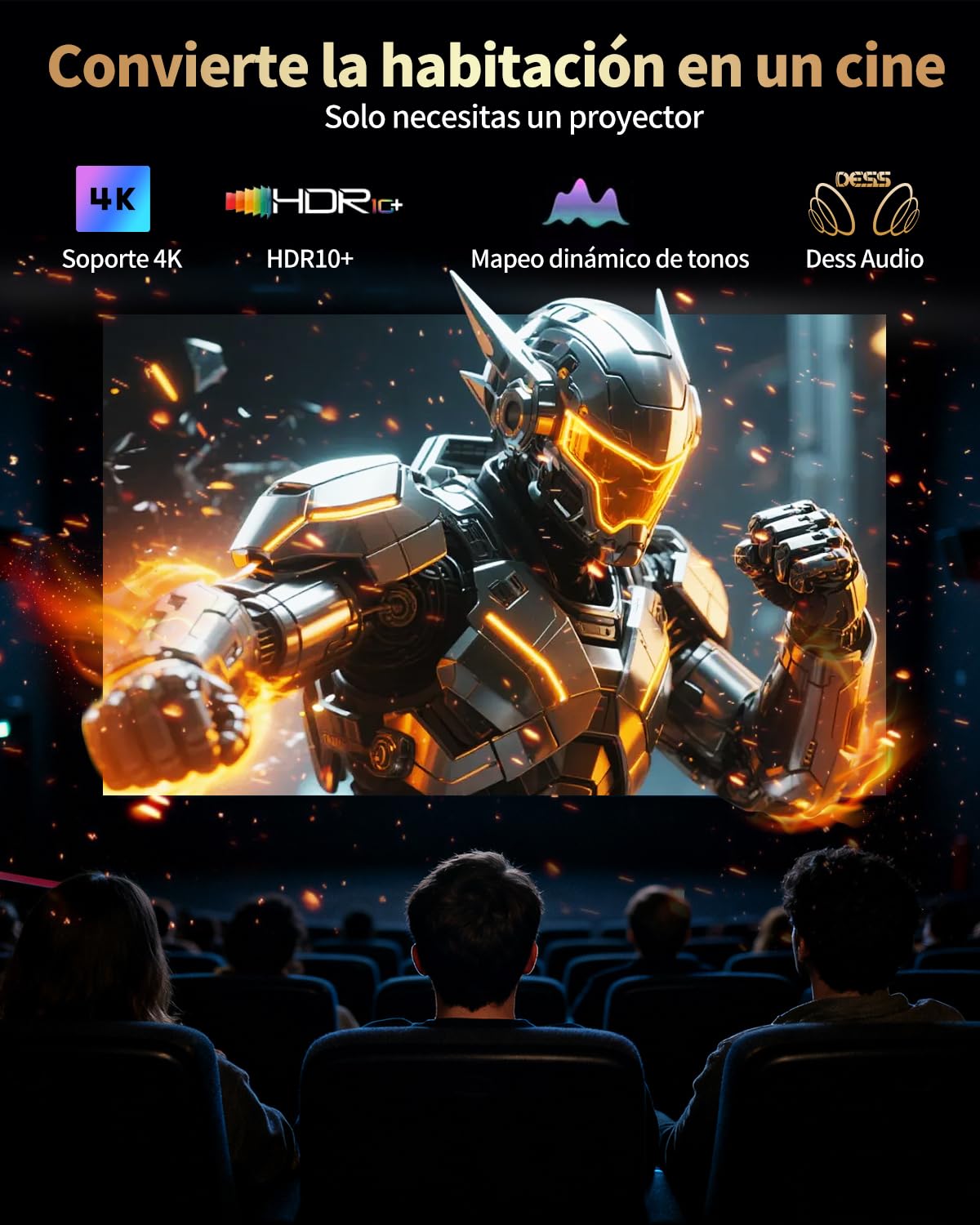 Proyector 4K Inteligente, Proyector 4K 2500 ANSI Exterior/jardín/Cine en casa, 1080P Nativo HDMI con Soporte eléctrico Oculto, Auto Focus/Keystone, WiFi 6, Bluetooth, 300" IMAX Mejorado
