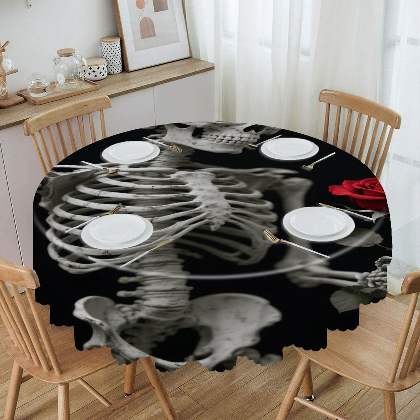 VstaDank Skeleton Holding A Red Rose Round Tablecloth Wipeable Round Polyester Tablecloth Waterproof Wrinkle Free Indoor and Outdoor Table Cover 60 Inch Decorative Farmhouse Table Cloth for Dining