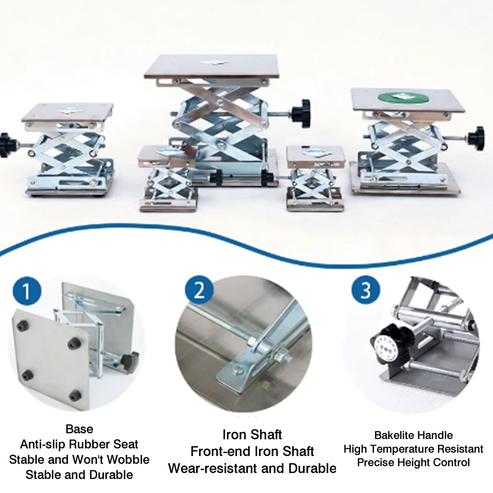 Soporte De Elevación Laboratorio Acero Inoxidable, Plataforma Nivel Manual | Con soporte transversal y almohadilla antideslizante, altura ajustable 50-460 mm(250x250mm)