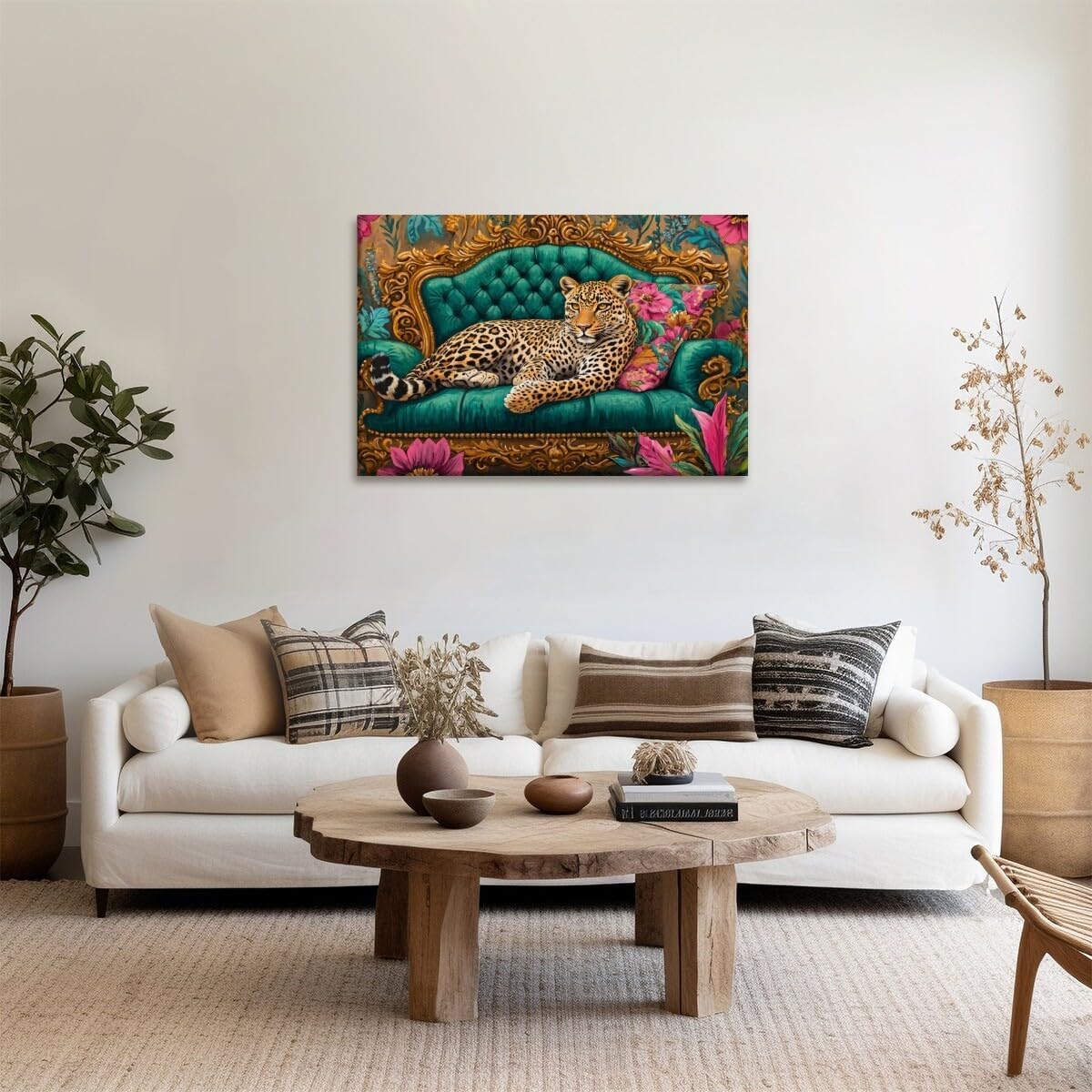 Cheetah Lying On Vintage Sofa Canvas Wall Art Pink Emerald Green Maximalist Leopard Print Pictures Wall Decor Jungle Animal Poster Eclectic Boho Aesthetic Bedroom Bathroom Decor 16x24inch Framed