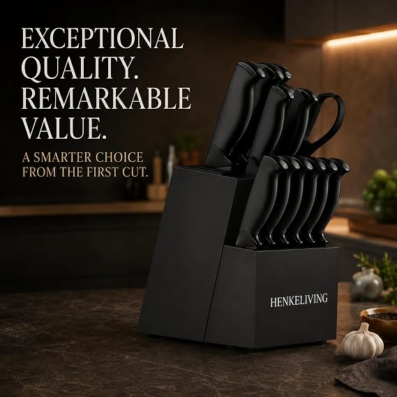 14-Piece Black Kitchen Knife Block Set with Built-In Sharpener