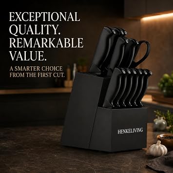 14-Piece Black Kitchen Knife Block Set with Built-In Sharpener