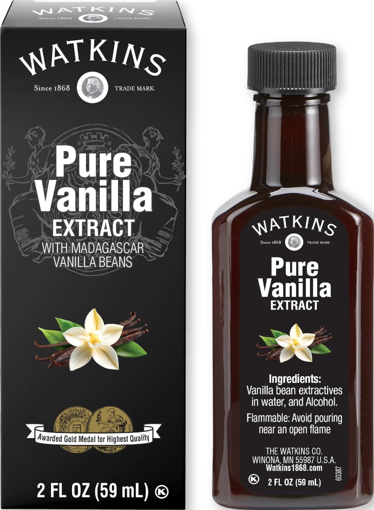 Watkins Pure Vanilla Extract, with Madagascar Vanilla Beans, Non-GMO, Kosher, 2 oz. Bottle, 1-Pack
