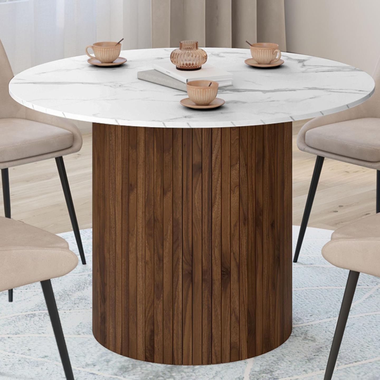 IDMarket – Mesa de comedor redonda Julieta para 6 personas, pie central, efecto lamado, nogal y bandeja efecto mármol, color blanco Alaska