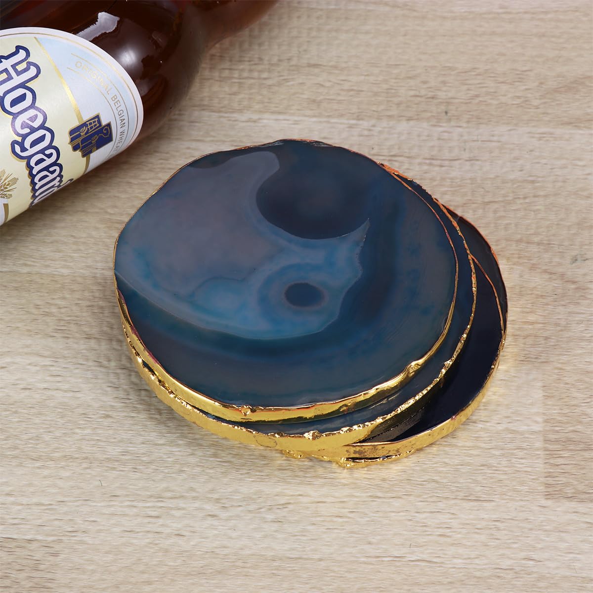 POPETPOP Sottobicchieri Creativi 4 Pezzi in Pietra di Agata Blu Rotondi Geometrici Isolamento Termico e Tappetino Antiscivolo per Ufficio e Tutte le Occasioni