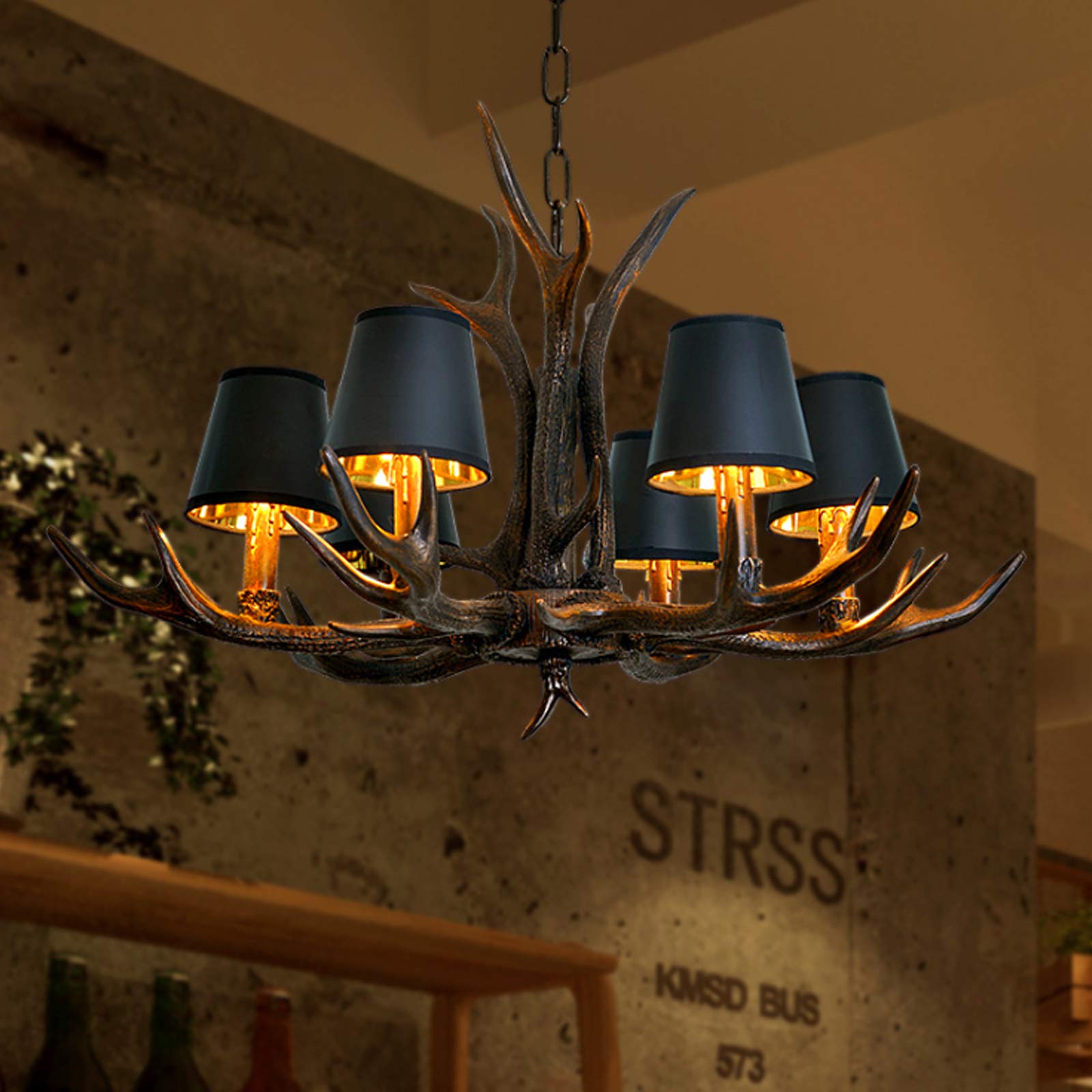 Żyrandol w stylu vintage, retro, E14, w kształcie poroża, żywica, 6 lamp, industrialny, dekoracyjny, do apartamentu, z regulacją wysokości, z abażurami, oświetlenie salonu, baru, kawiarni, jadalni