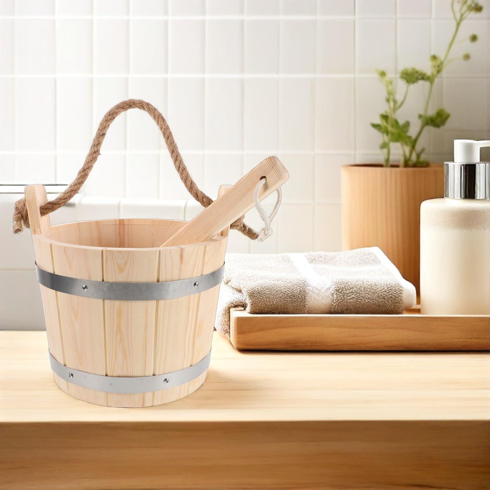 ifundom Akcesoriów Do Sauny z Drewnianym Wiadrem i Łyżką Do Odporne Wysoką Temperaturę i Podlewania Roślin Kompletna Funkcjonalność Relaksu Spa