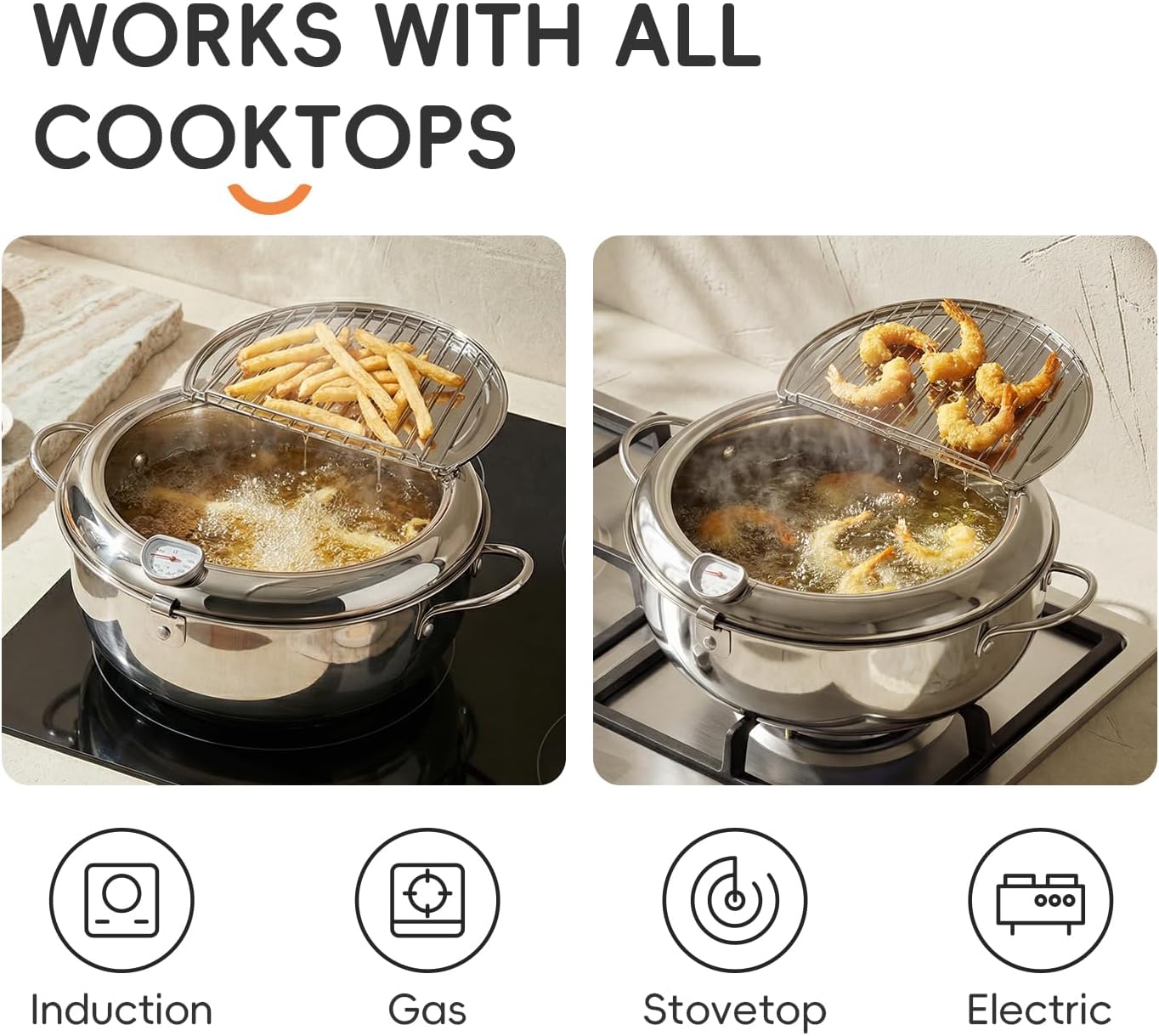 Deep Fryer with Basket and Thermometer, 4.2L Stainless Steel Japanese Frying Pot with Oil Drain Rack, Tempura Pot for Stovetop & Induction, Large Fryer for French Fries, Chicken, Tempura