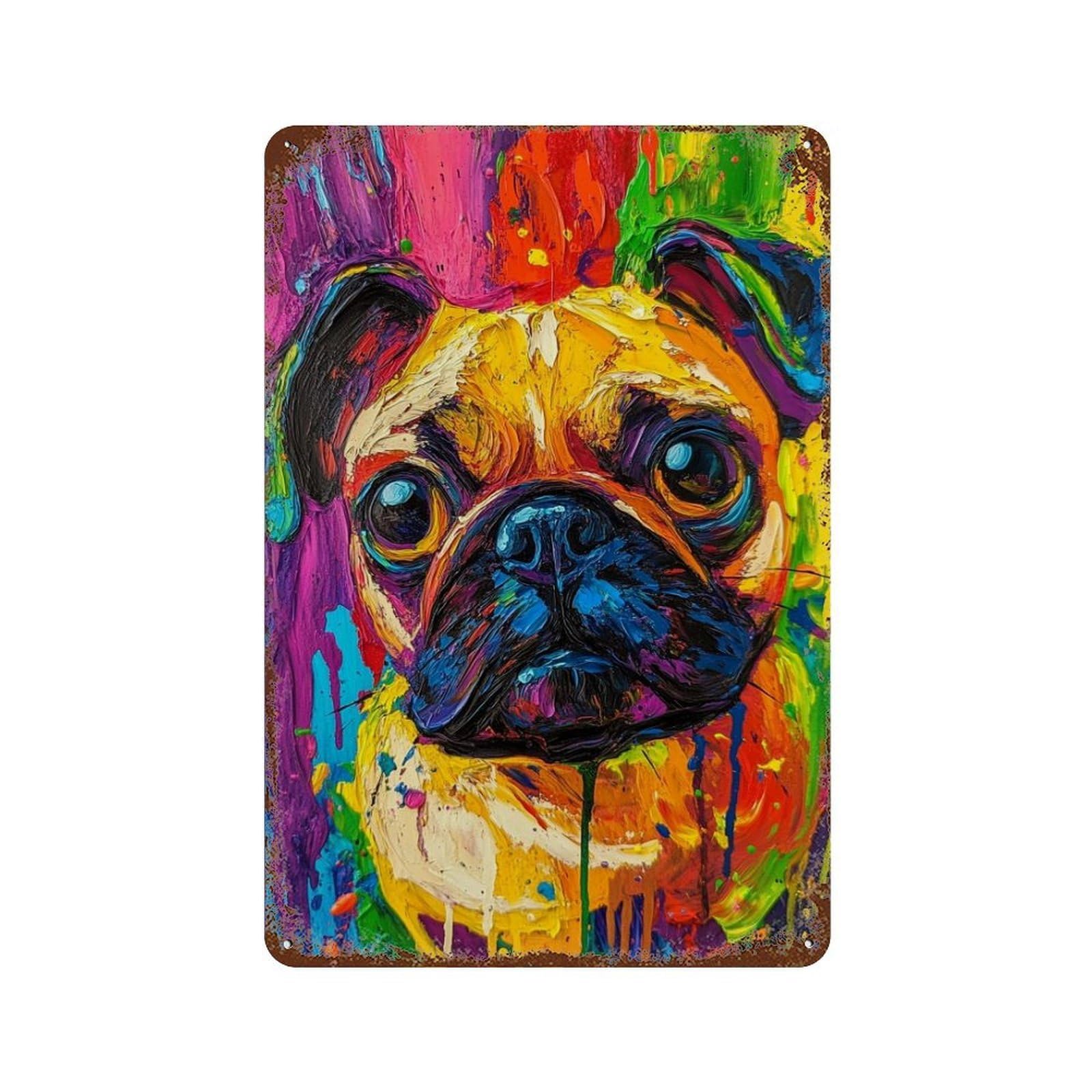 Colorful Pug Painting Artwork Aged Metal Wall Plaque 11.8"x7.9", for Pub, Kitchen And Man Cave Decor, Decorative Metal Wall Art