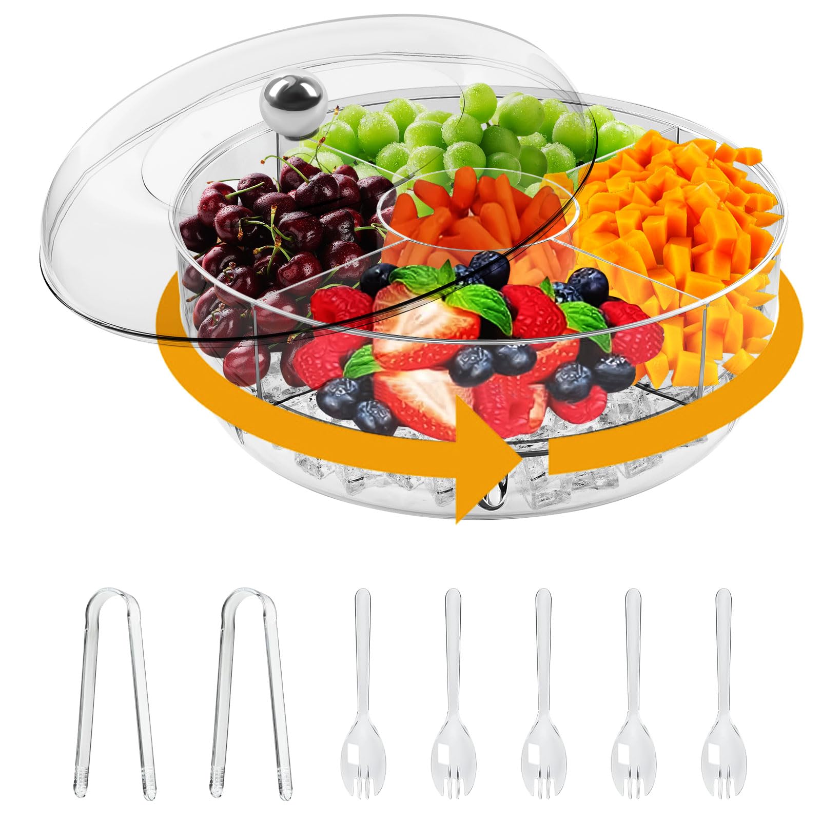 Ruaizel Rotating Chilled Serving Tray, Rotatable Snack Tray with Lid, Fruits Chilled Veggie Box for Home Wedding,Christmas Party, Clear Snack Box
