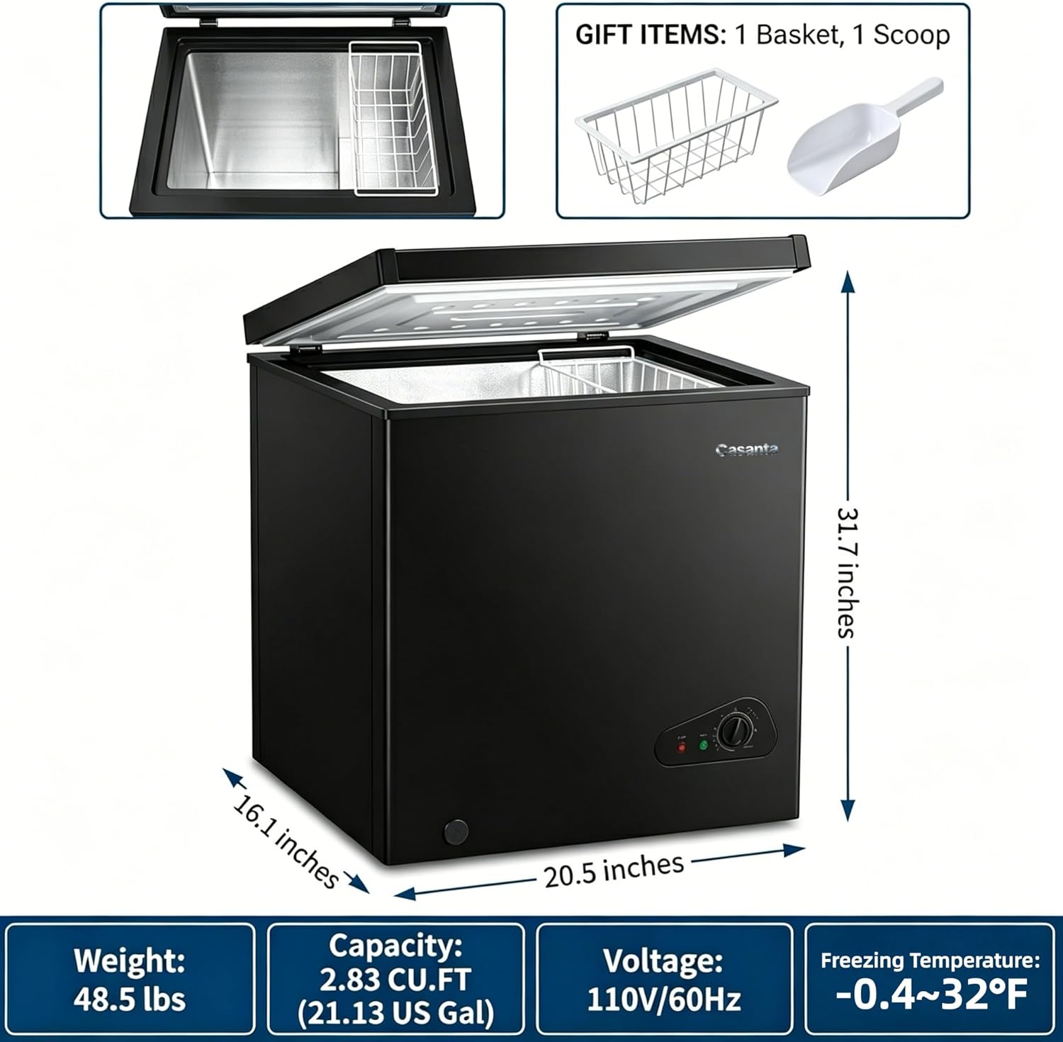 2.8 Cu.Ft Chest Freezer, Sleek Black Deep Freezer with Removable Basket, Convertible Refrigerator & Freezer (-0.4℉ to 50℉), Freestanding Compact Mini Freezer for Garage, Apartment, Office