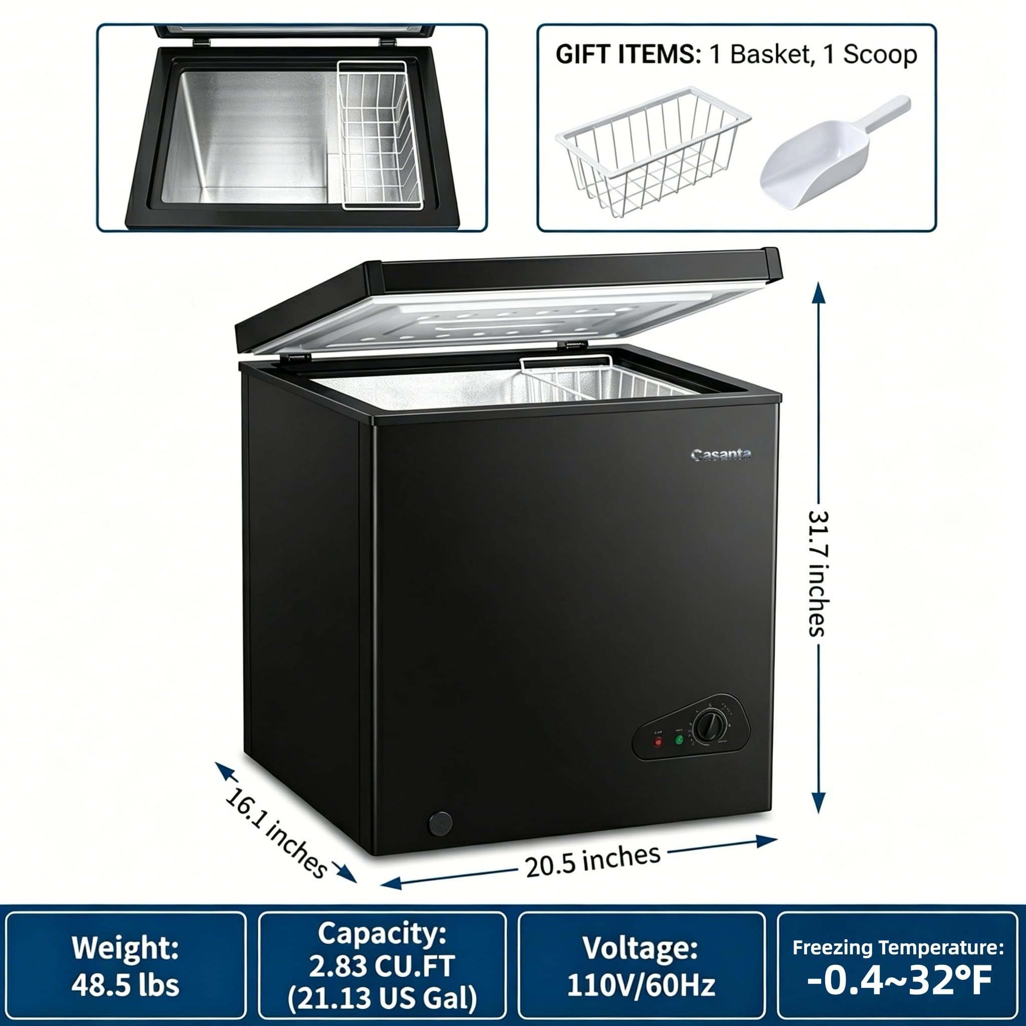 Casanta 2.8 Cu.Ft Chest Freezer, Sleek Black Deep Freezer With Removable Basket, Convertible Refrigerator & Freezer (-0.4℉ To 50℉), Freestanding Compact Mini Freezer For Garage, Apartment, Office on Fridge.com - View 2