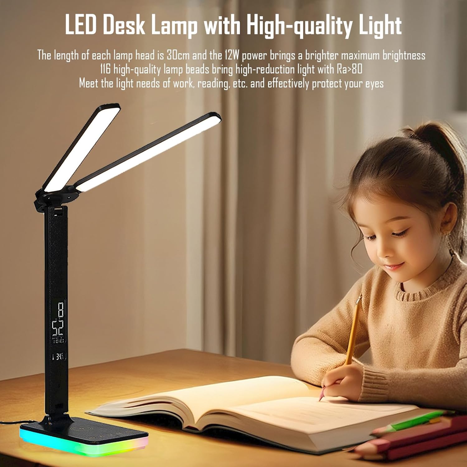 LED Desk Lamp with Wireless and Wired Charging, Foldable Table Light, 5 Brightness and 3 Lighting Modes, Time and Temperature Display, RGB Night Light, USB Powered (Double Head Black)