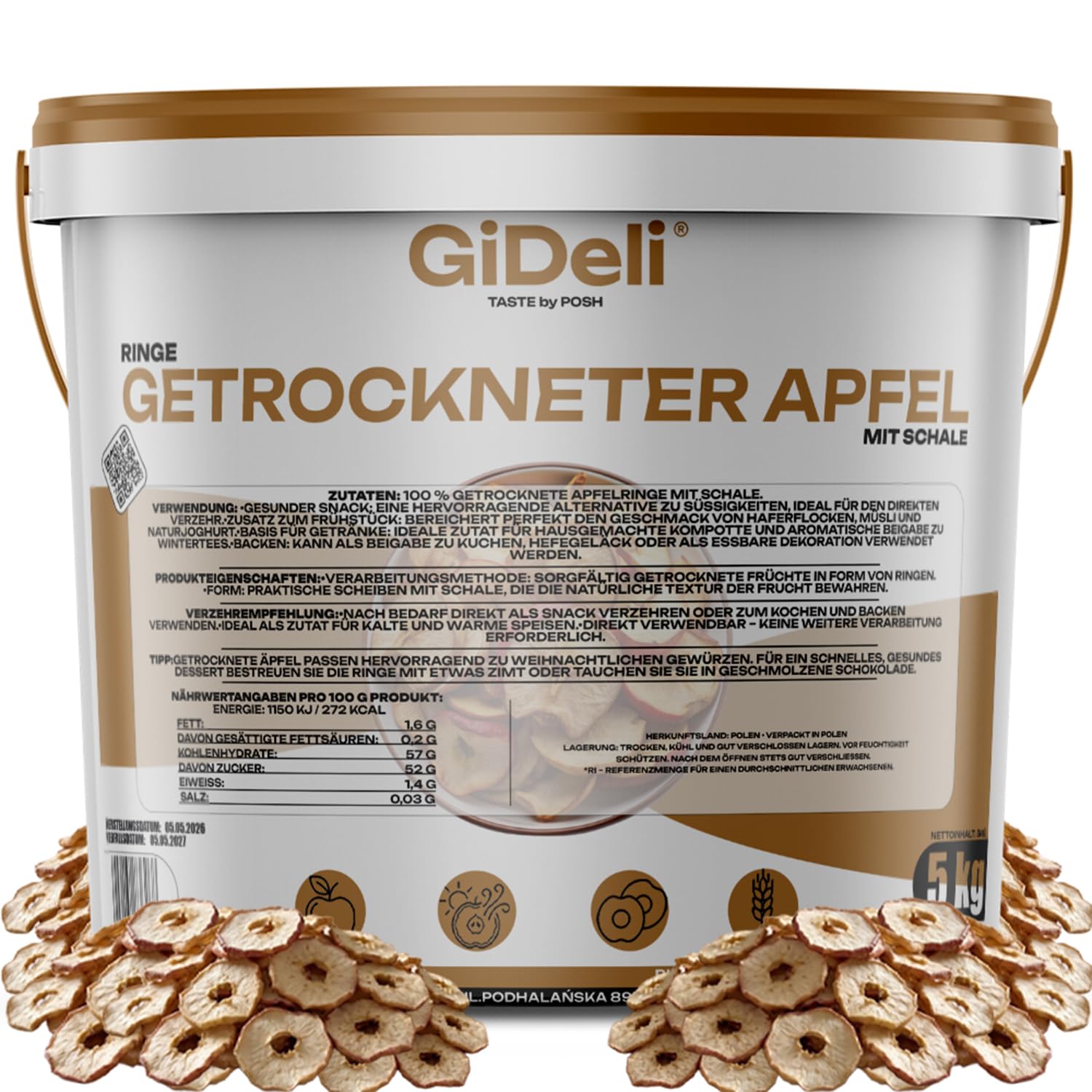 GiDeli Getrocknete Apfelringe 5kg im Eimer- 100% Apfel ohne Zuckerzusatz - Vegan & Ungezuckert - Knusprige Apfel Chips & Trockenfrüchte - Ohne Konservierungsmittel - Ideal für Müsli & Backen