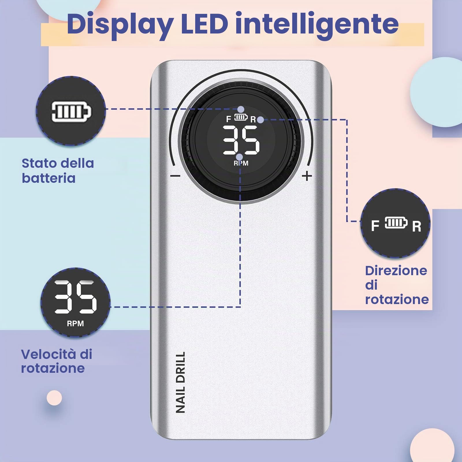 Delanie Fresa per Unghie Professionale 35000 Giri, Trapano Elettrico Ricaricabile per Unghie, Fresa Portatile per Unghie Semipermanente, Manicure e Pedicure, Adatta a Casa e Salone, Argento