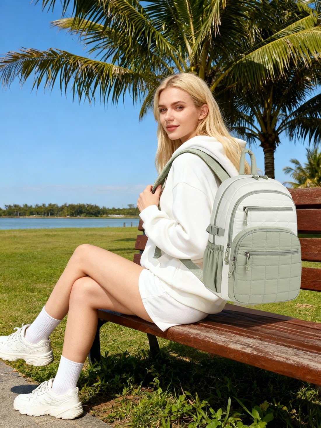 Quilted Bookbag for Women, College Laptop Backpack with Tumbler Holder Pocket for Nurse Teacher Work Travel, Puffer School Backpack for Teen Girls Big Student, White Green