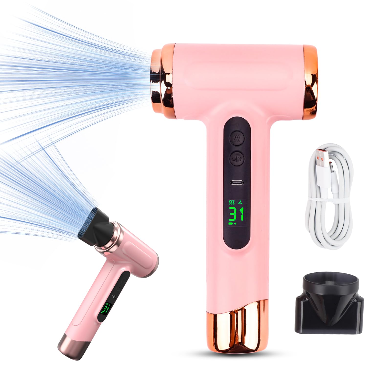 Secador de Pelo Inal¨¢mbrico. 200 W Secador de Pelo Port¨¢til Recargable por USB. Estilo de Viento Fr¨ªo y Caliente para Estudiantes. Viajar. Salir. Casa (Rosado)